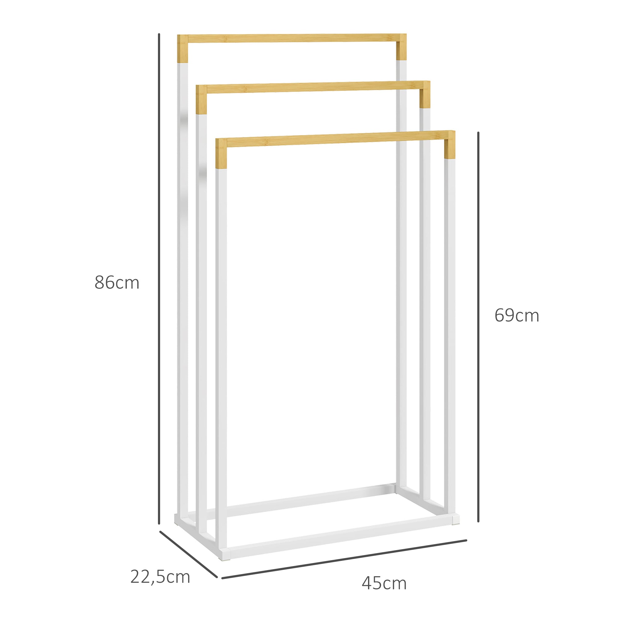 Toalheiro de Pé de 3 Níveis em Bambu e Aço 45x22,5x86 cm Branco