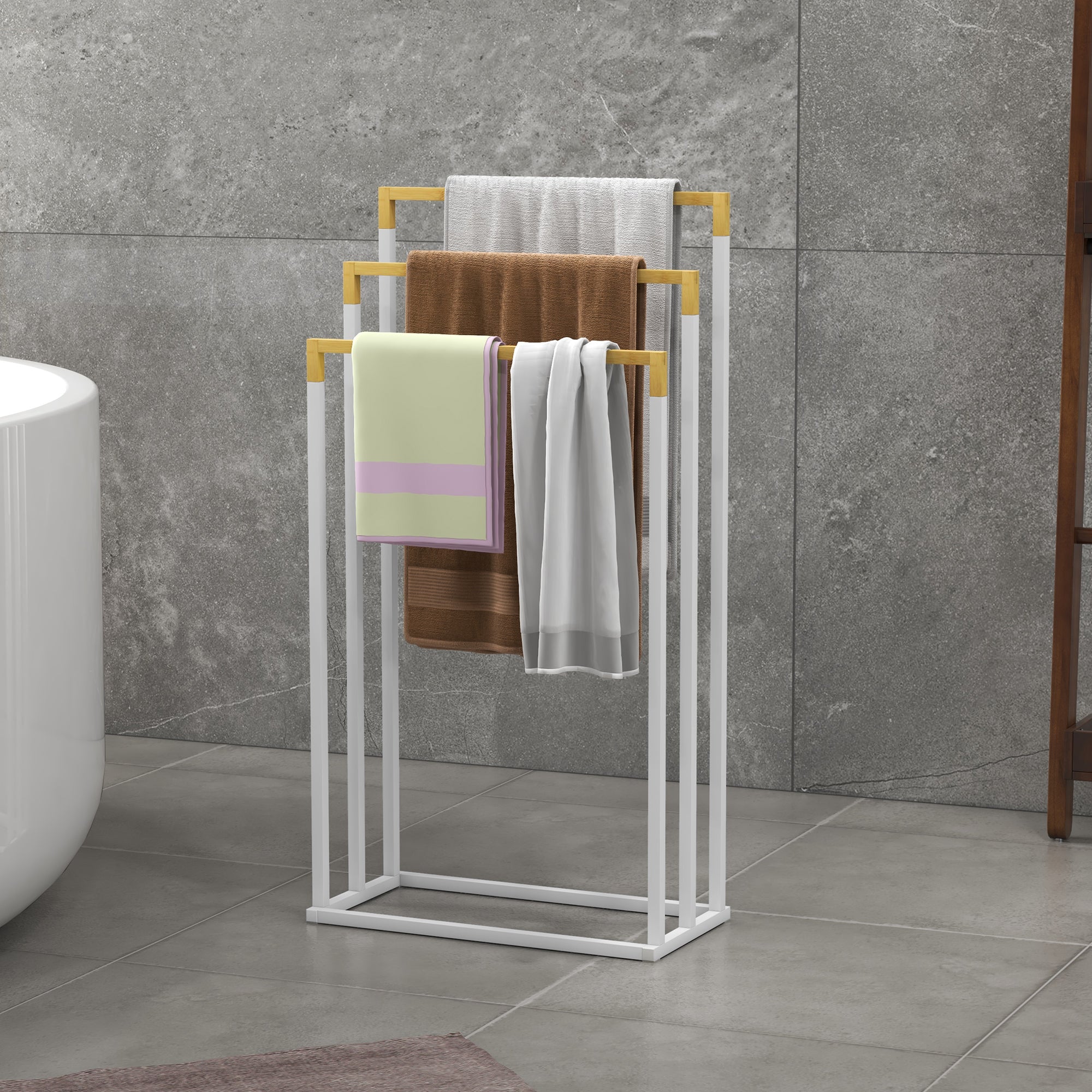 Toalheiro de Pé de 3 Níveis em Bambu e Aço 45x22,5x86 cm Branco