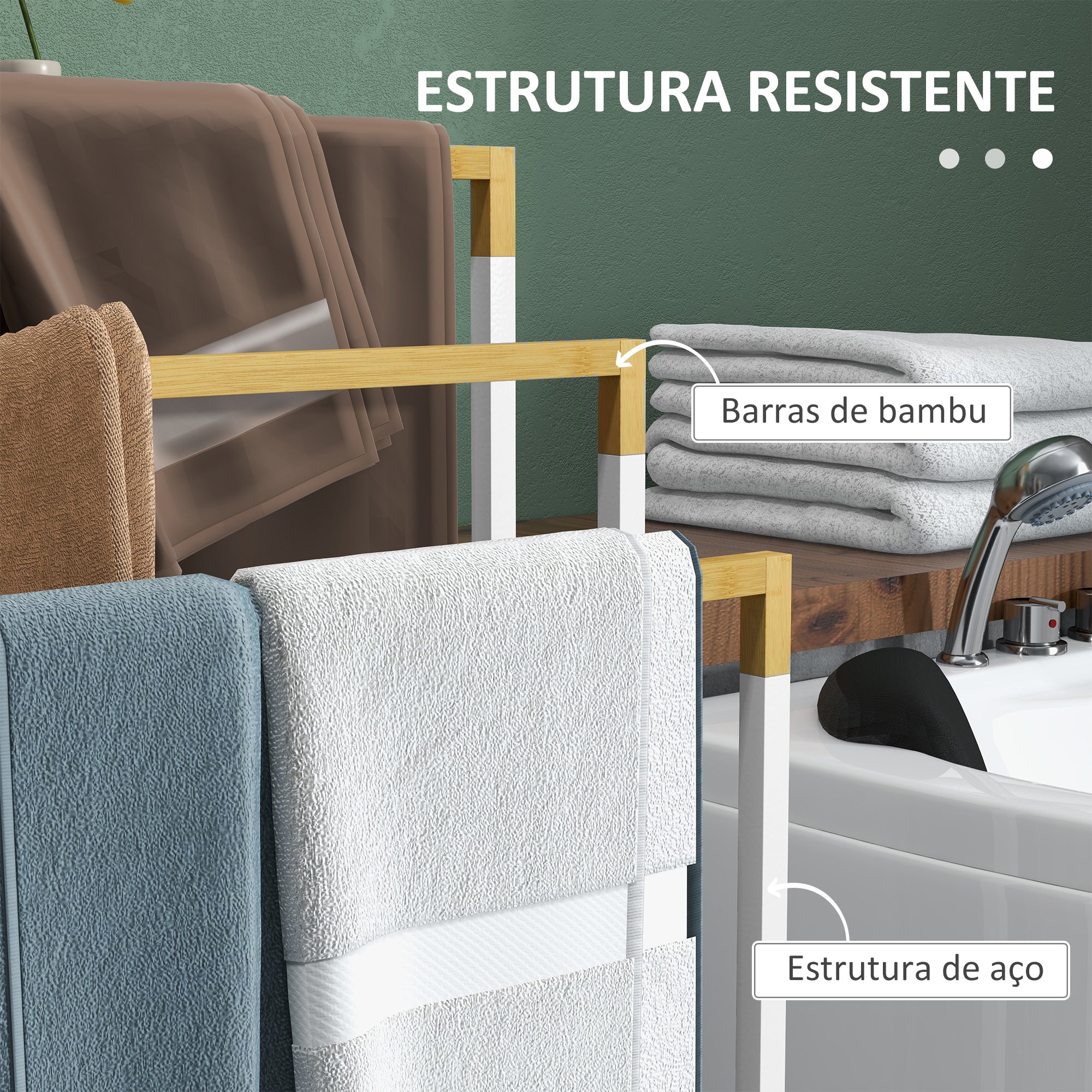 Toalheiro de Pé de 3 Níveis em Bambu e Aço 45x22,5x86 cm Branco