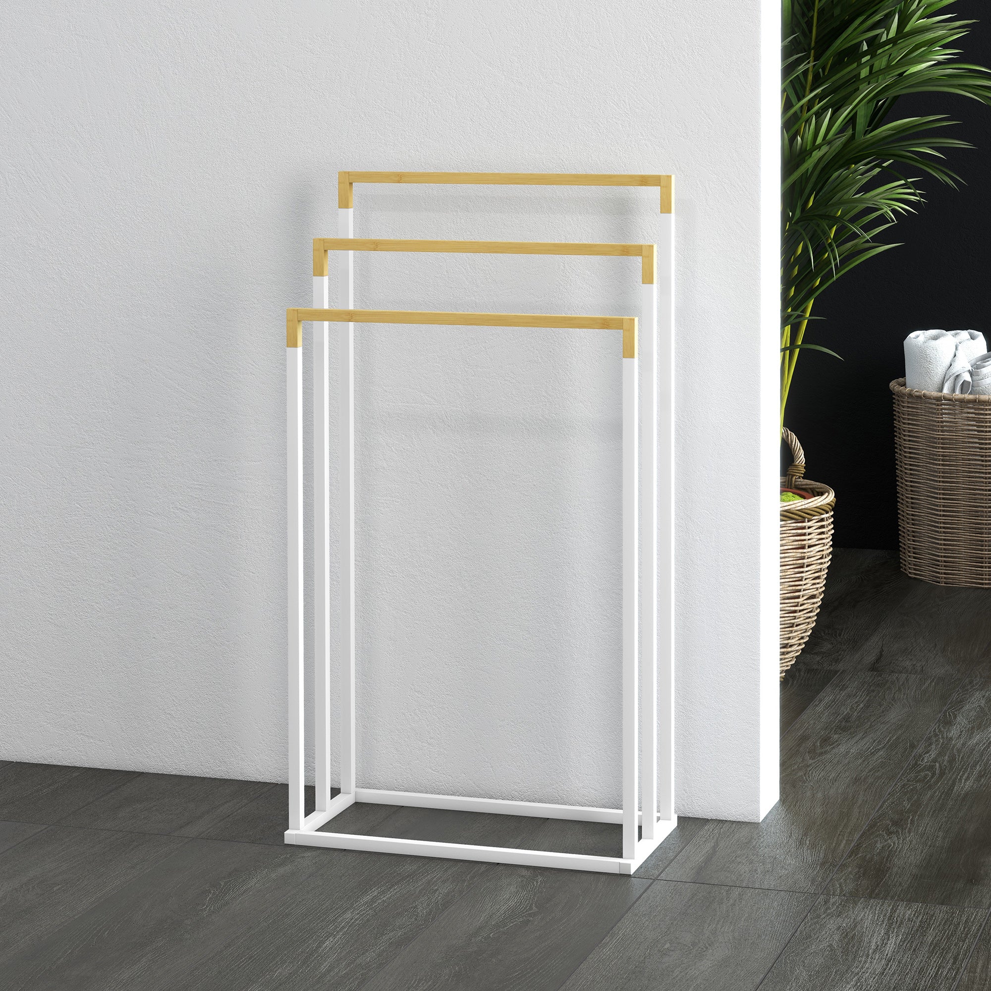 Toalheiro de Pé de 3 Níveis em Bambu e Aço 45x22,5x86 cm Branco