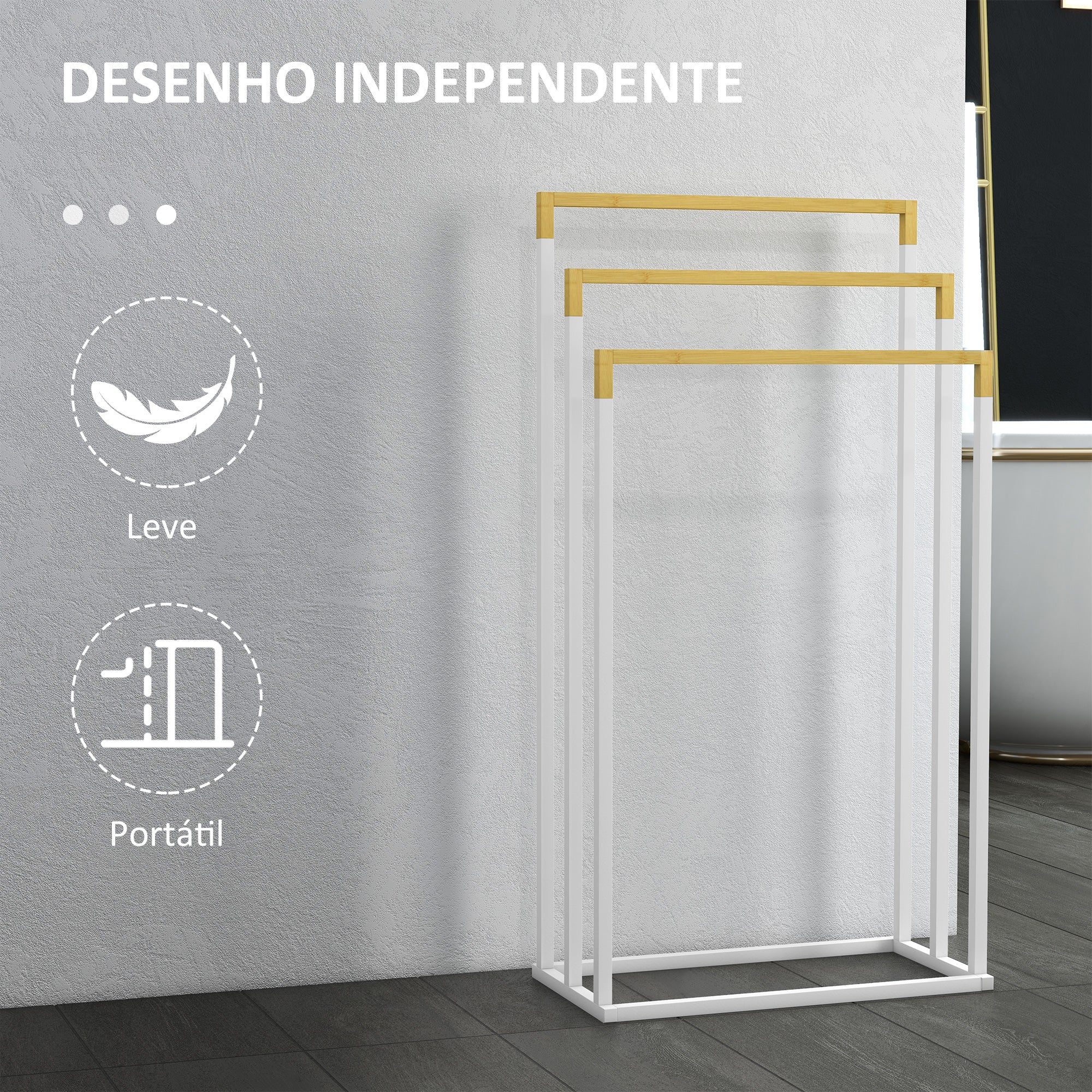 Toalheiro de Pé de 3 Níveis em Bambu e Aço 45x22,5x86 cm Branco