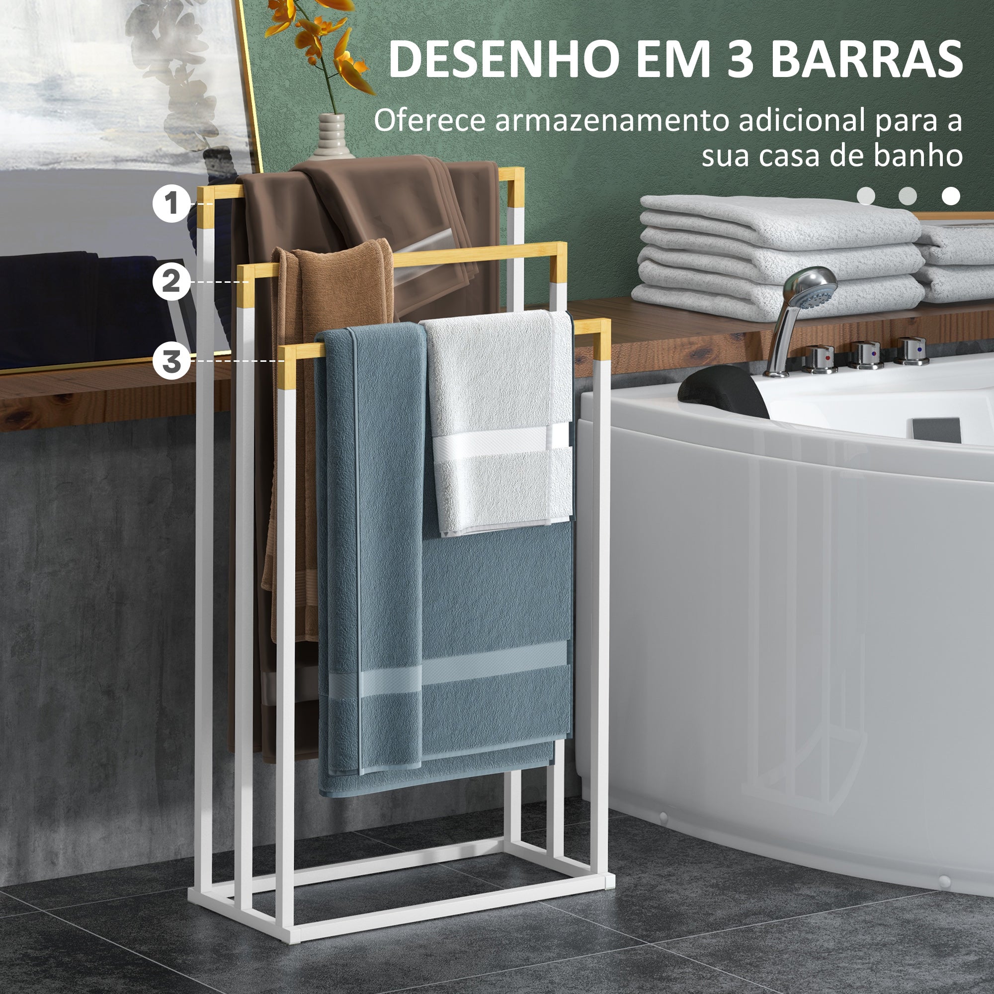 Toalheiro de Pé de 3 Níveis em Bambu e Aço 45x22,5x86 cm Branco