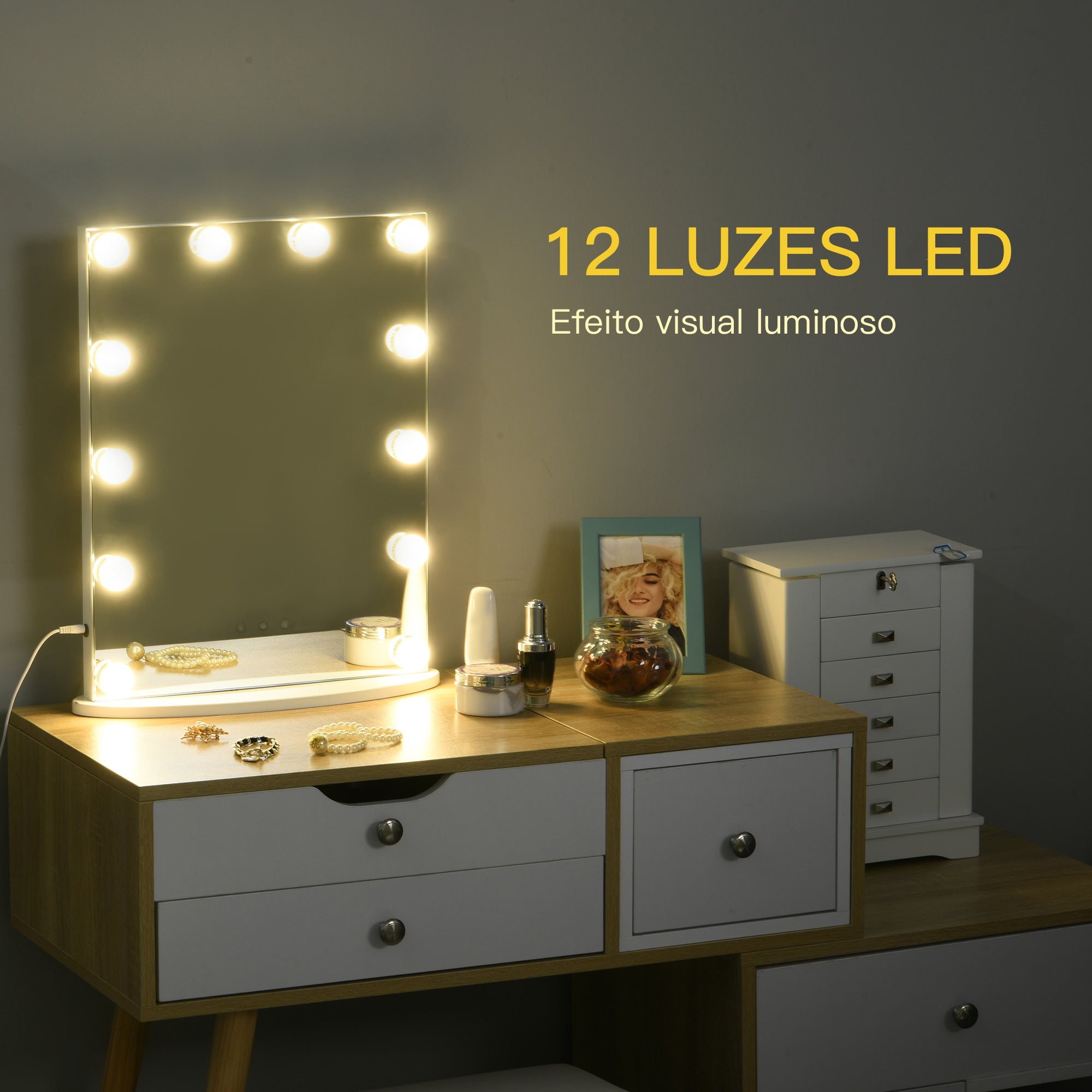 Espelho de Maquiagem Hollywood LED 12 Luzes Ajustáveis 41.5x13.5x51cm Branco