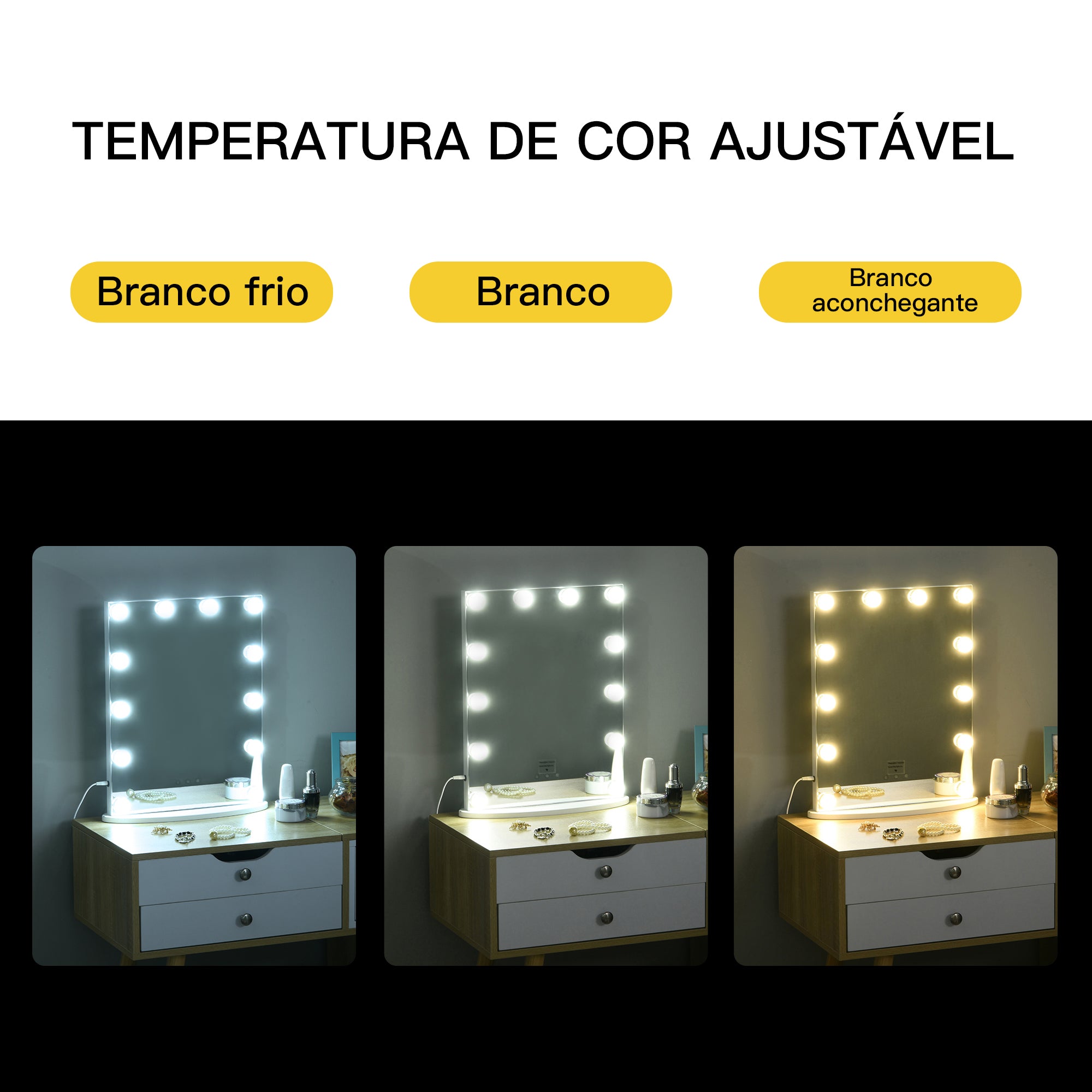 Espelho de Maquiagem Hollywood LED 12 Luzes Ajustáveis 41.5x13.5x51cm Branco