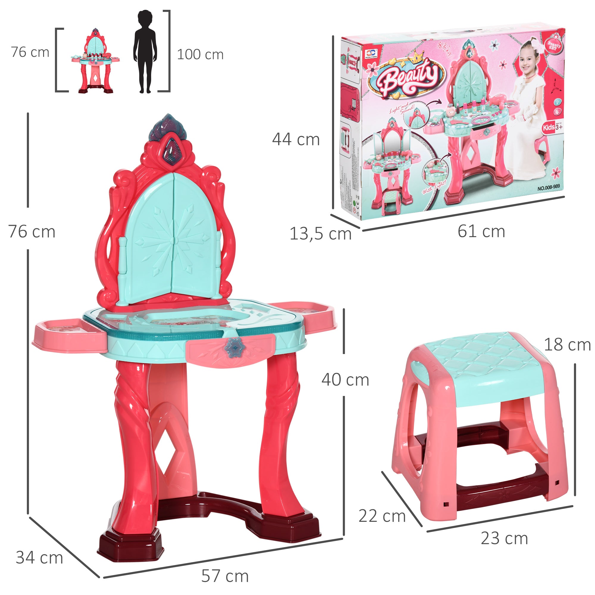 Toucador Infantil Multicor 57x34x76cm com Luz, Música e Acessórios - Para Crianças acima de 3 Anos