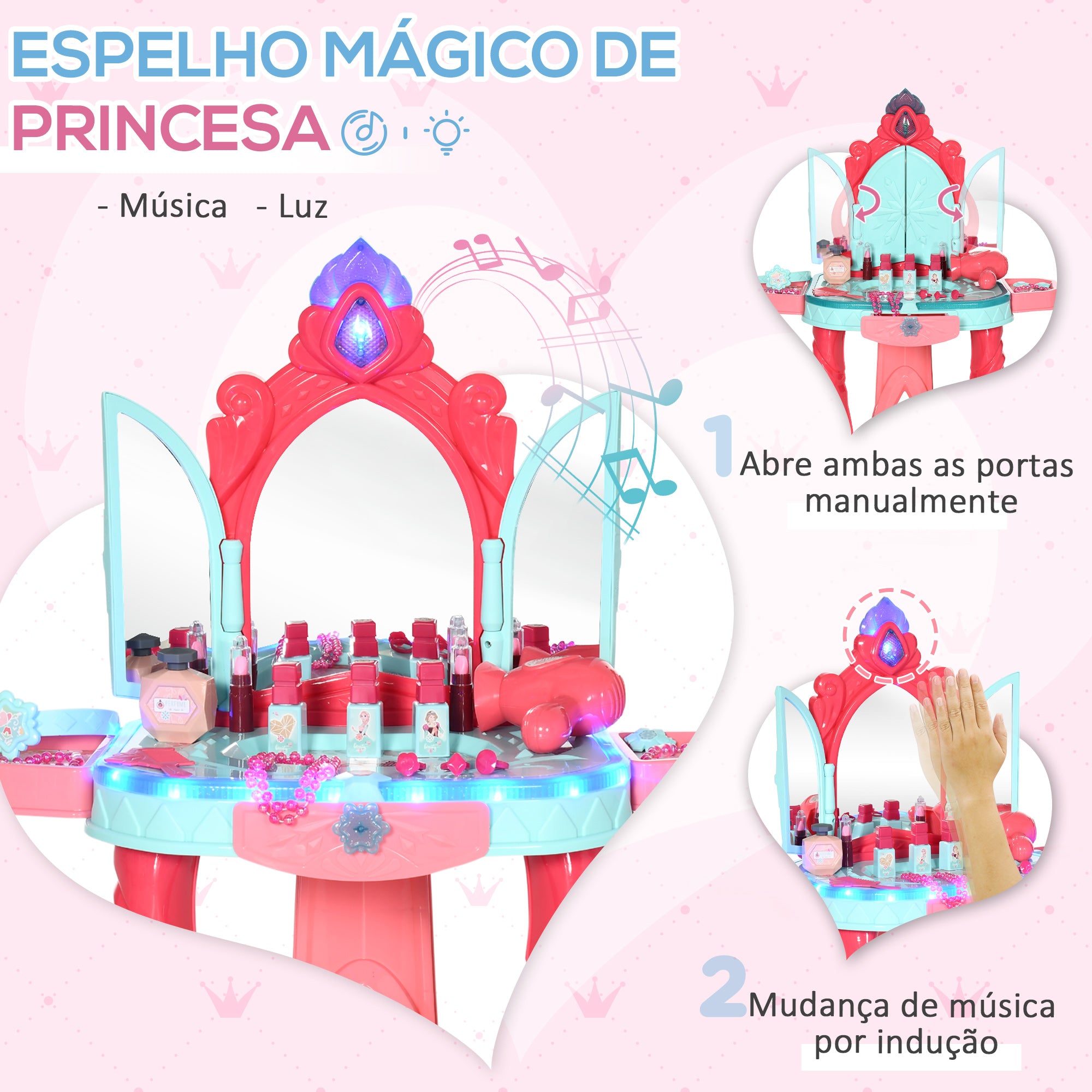 Toucador Infantil Multicor 57x34x76cm com Luz, Música e Acessórios - Para Crianças acima de 3 Anos