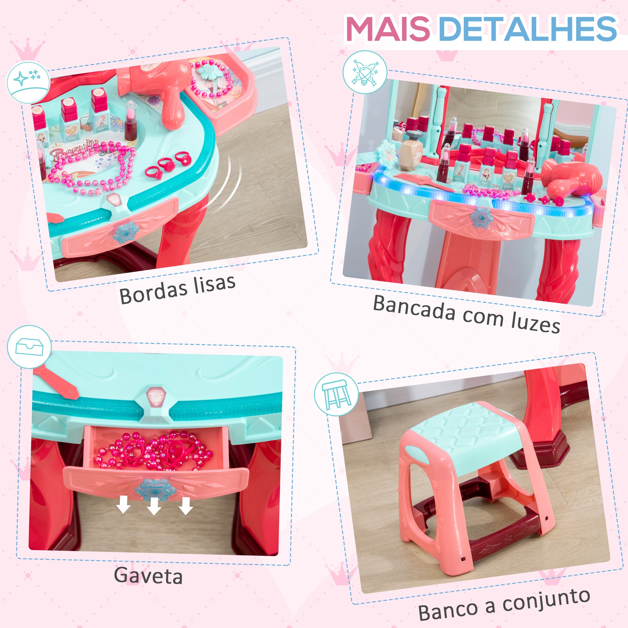 Toucador Infantil Multicor 57x34x76cm com Luz, Música e Acessórios - Para Crianças acima de 3 Anos