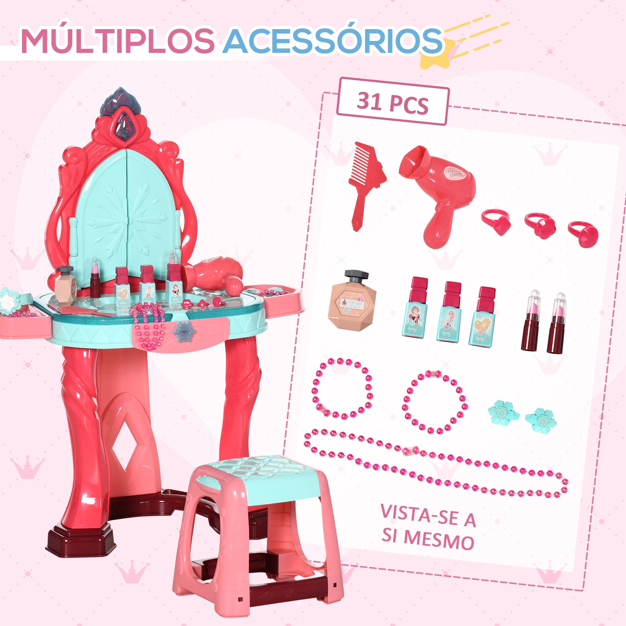 Toucador Infantil Multicor 57x34x76cm com Luz, Música e Acessórios - Para Crianças acima de 3 Anos