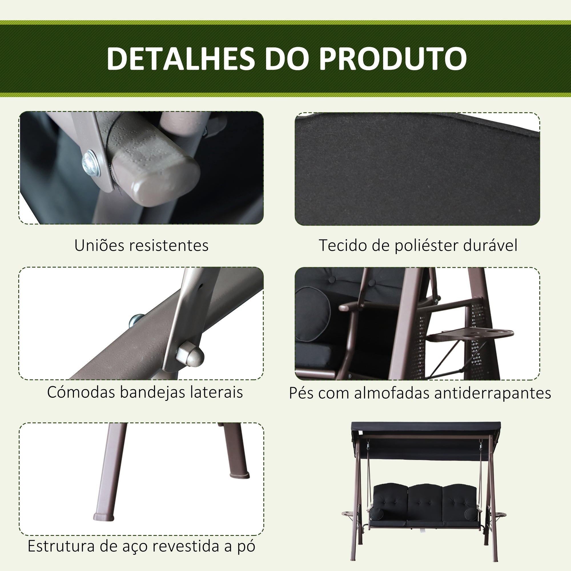 Banco Baloiço de Jardim 3 Lugares Preto 207x120,5x174 cm