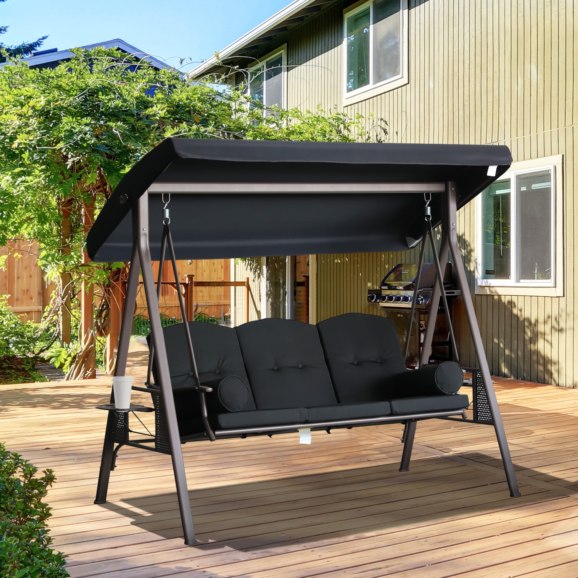 Banco Baloiço de Jardim 3 Lugares Preto 207x120,5x174 cm