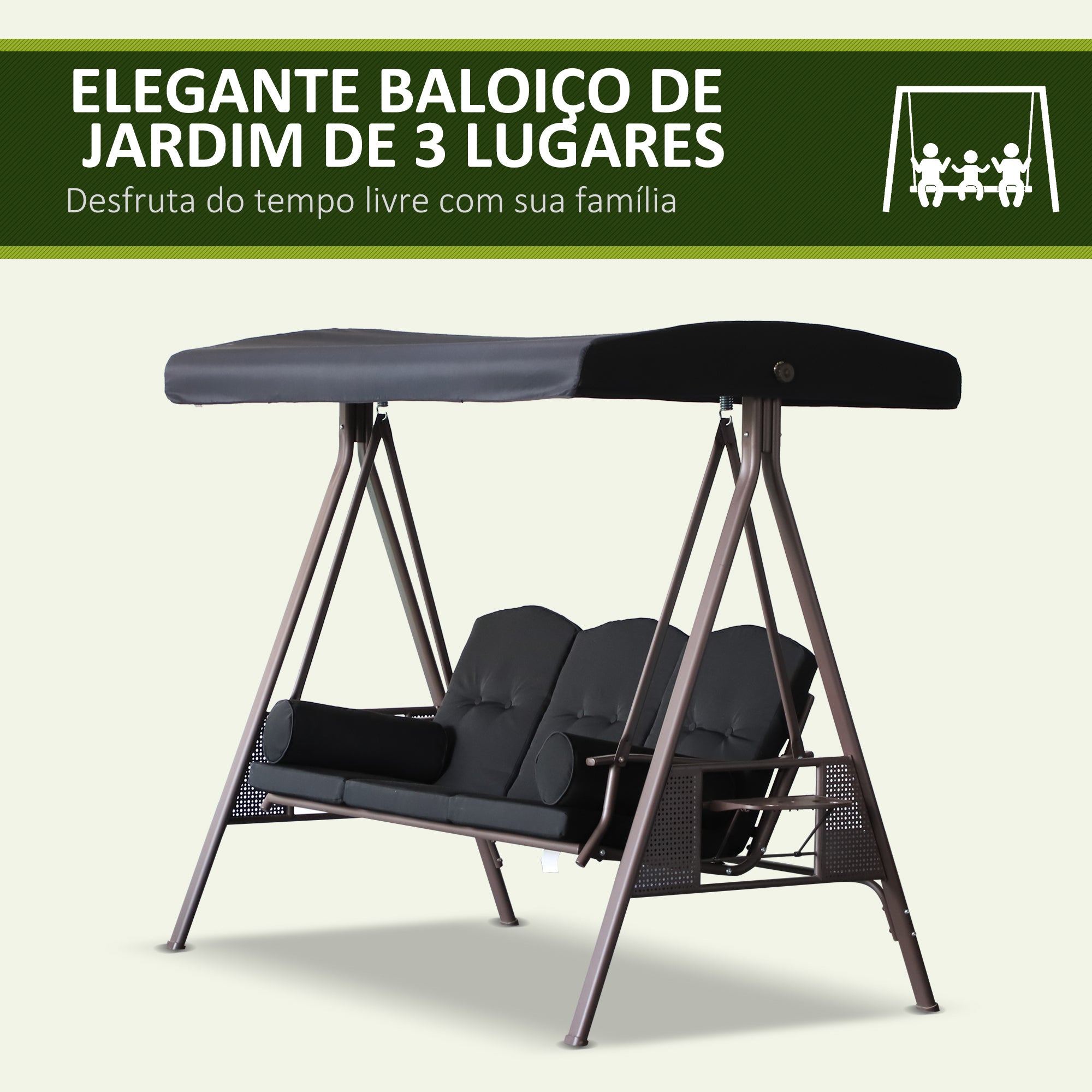 Banco Baloiço de Jardim 3 Lugares Preto 207x120,5x174 cm