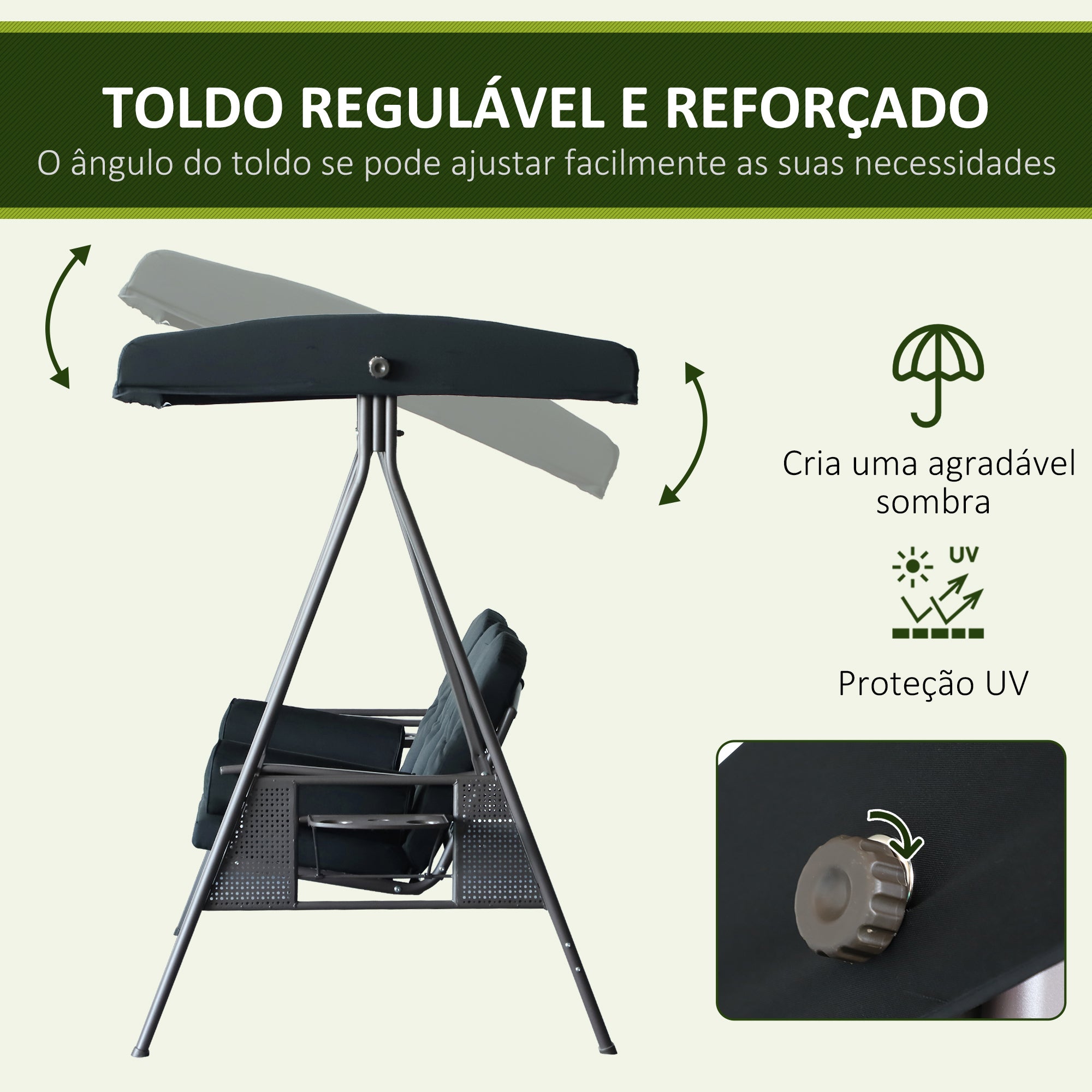 Banco Baloiço de Jardim 3 Lugares Preto 207x120,5x174 cm