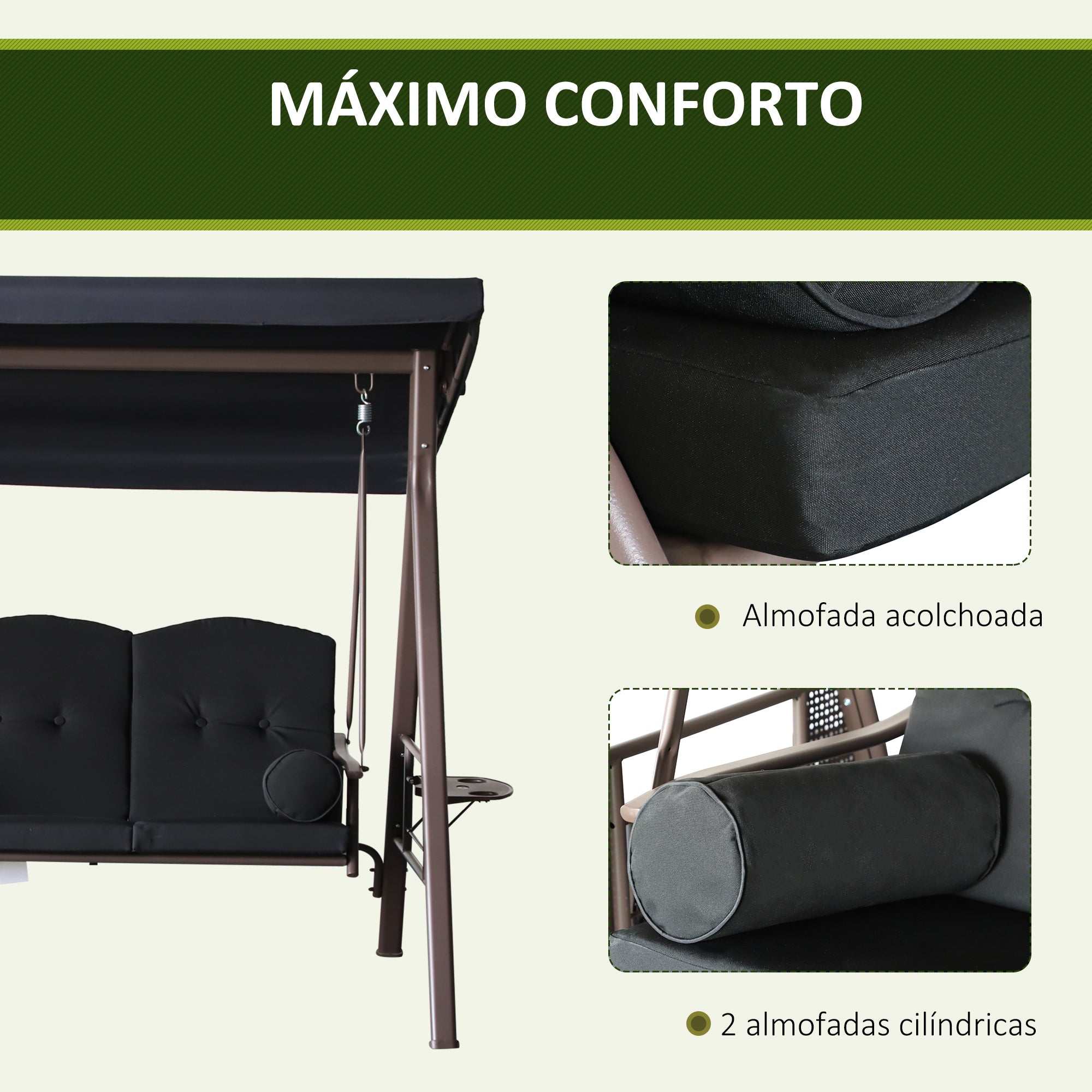 Banco Baloiço de Jardim 3 Lugares Preto 207x120,5x174 cm