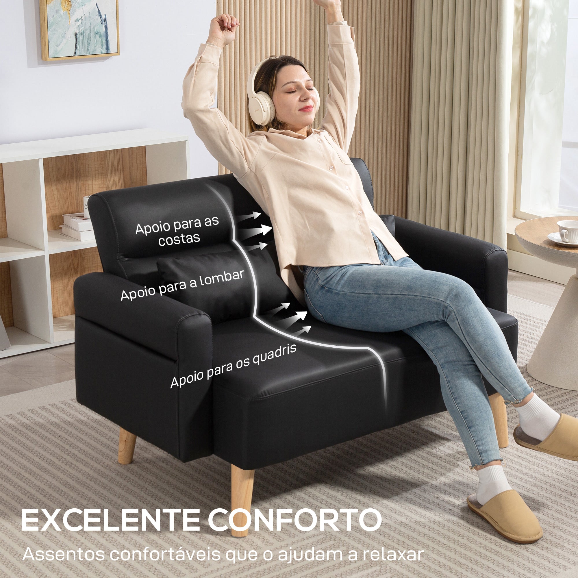 Sofá de 2 Lugares Preto 117x78x78 cm - Estofado em Couro Sintético