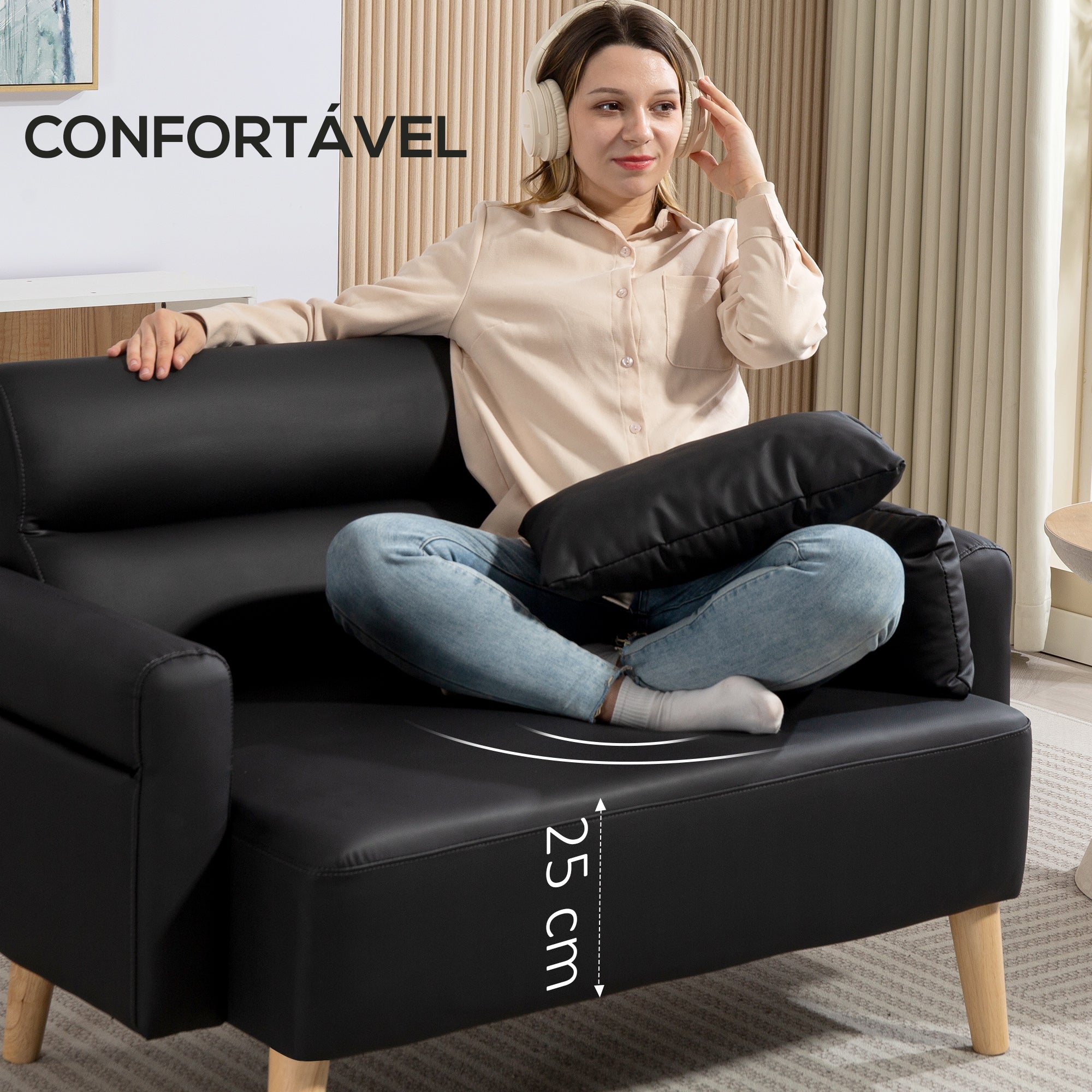 Sofá de 2 Lugares Preto 117x78x78 cm - Estofado em Couro Sintético