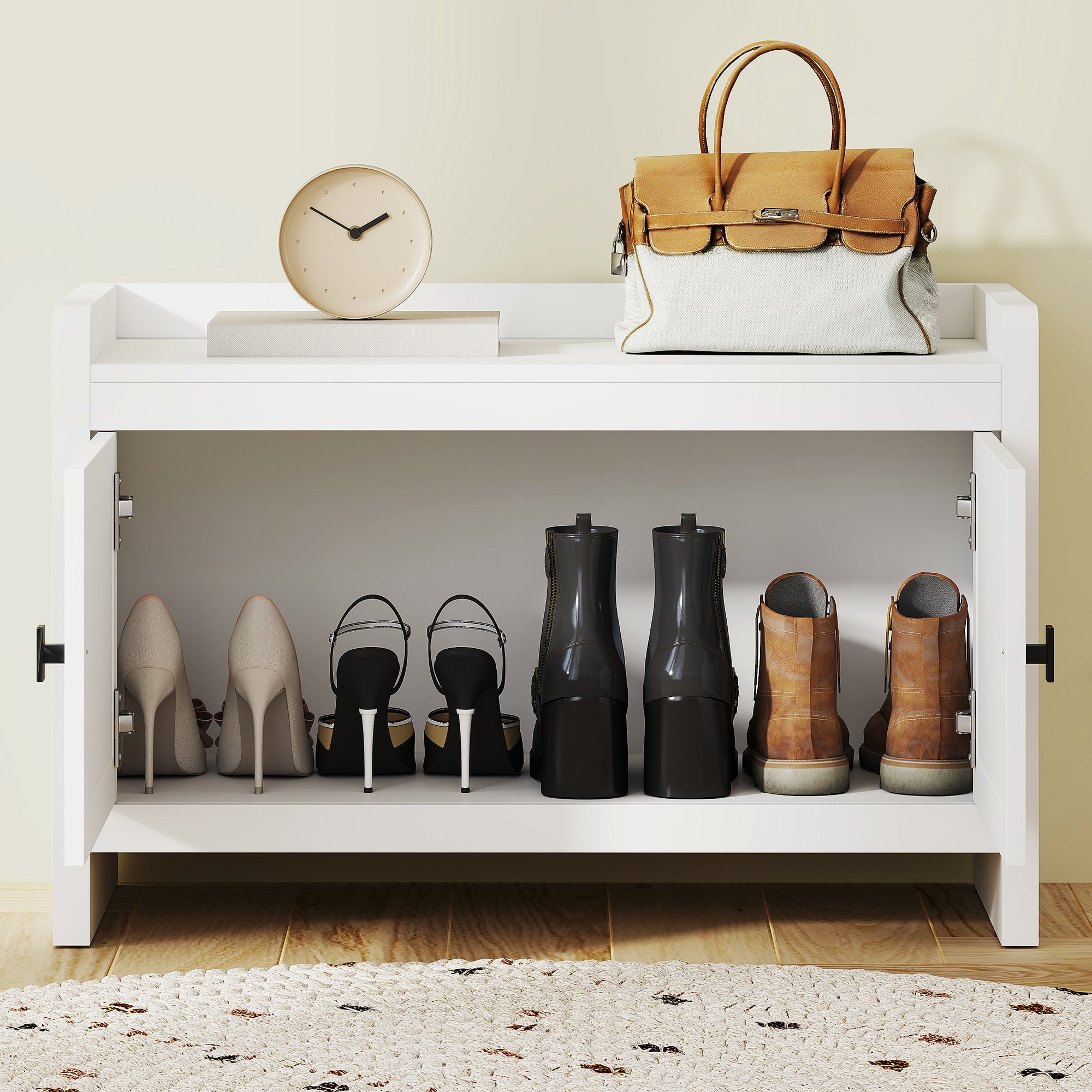 Banco Sapateira com Portas de Vime Branco 80x35x52 cm