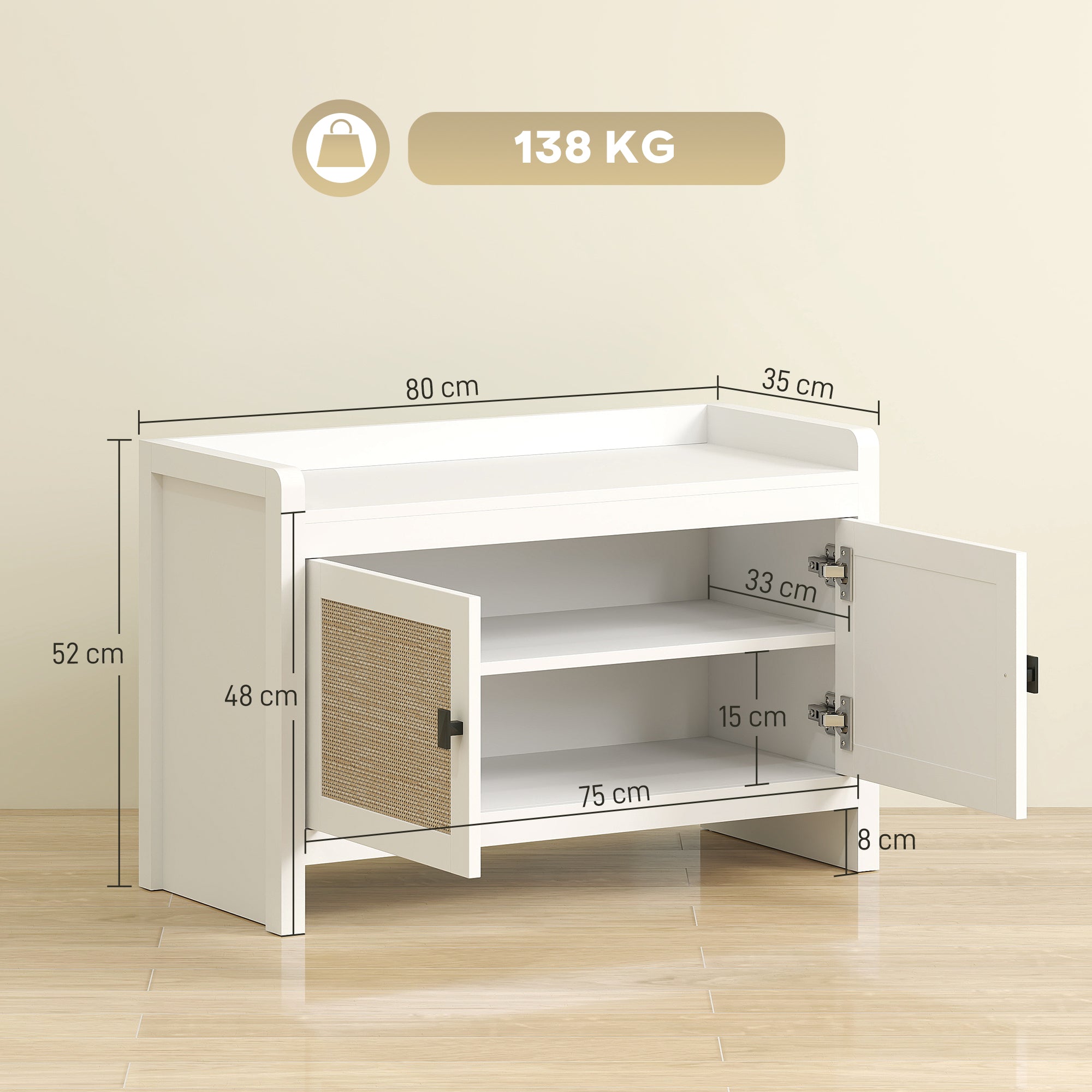 Banco Sapateira com Portas de Vime Branco 80x35x52 cm