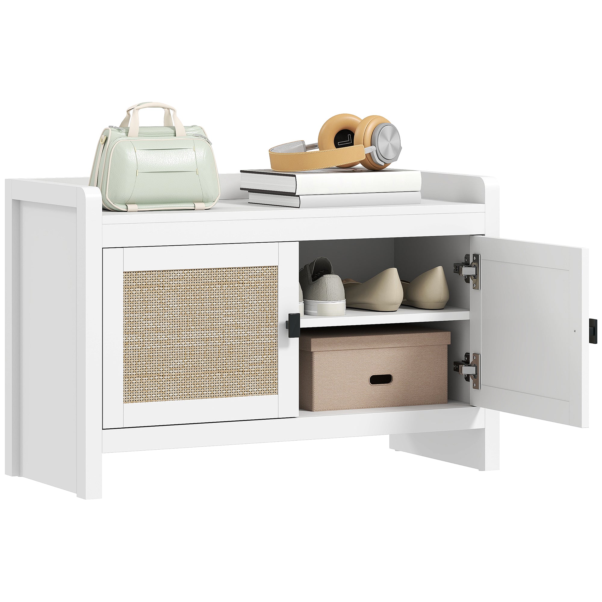 Banco Sapateira com Portas de Vime Branco 80x35x52 cm