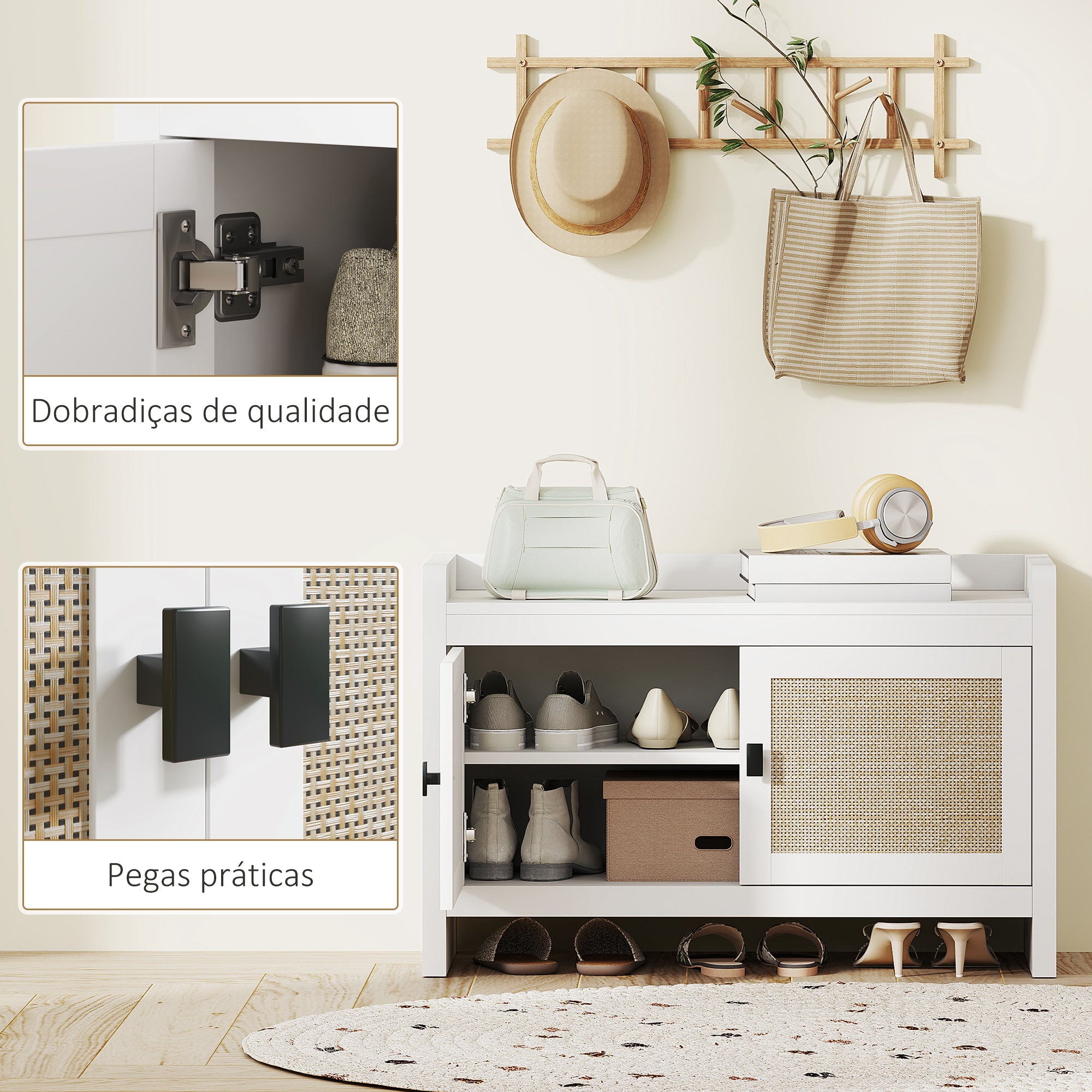 Banco Sapateira com Portas de Vime Branco 80x35x52 cm