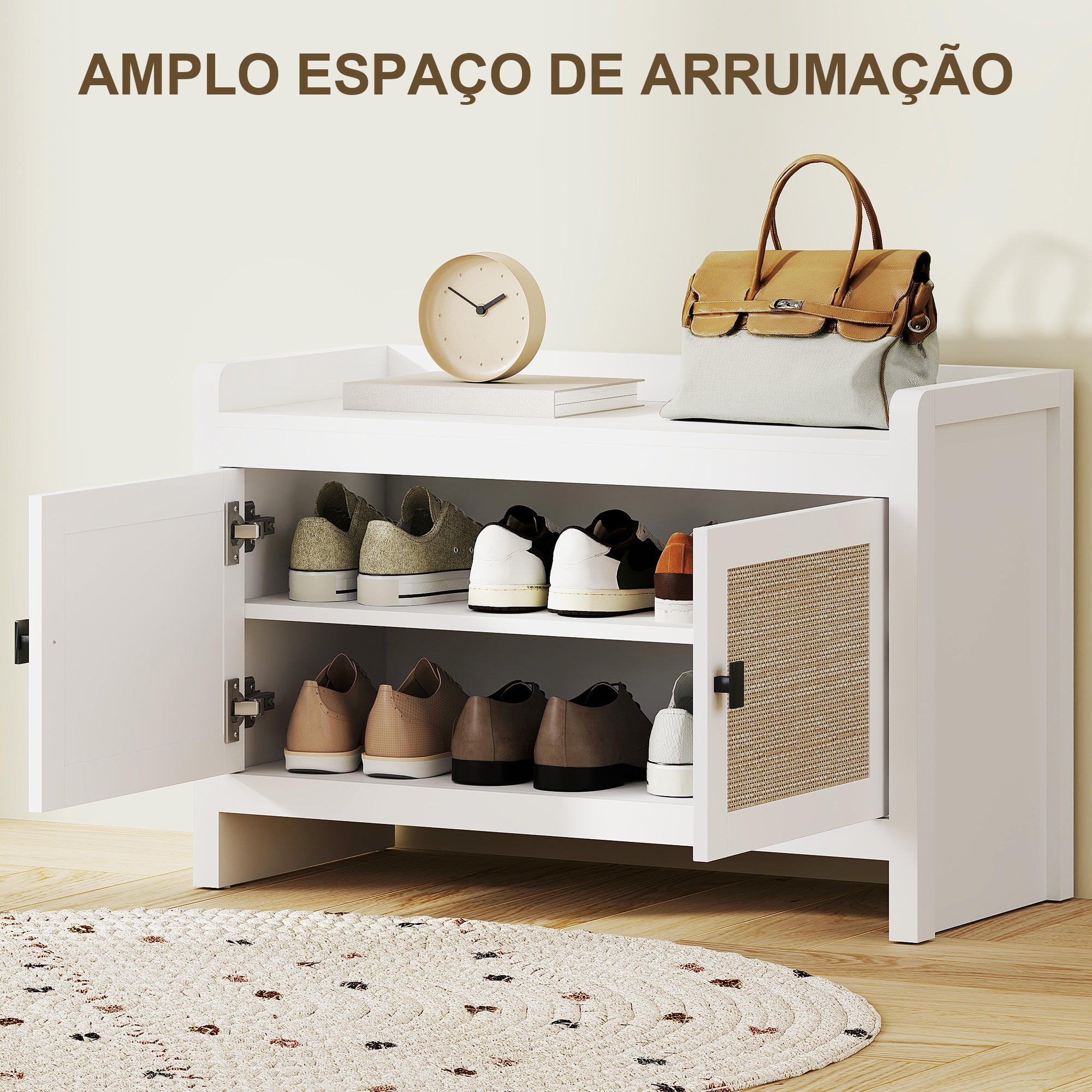 Banco Sapateira com Portas de Vime Branco 80x35x52 cm