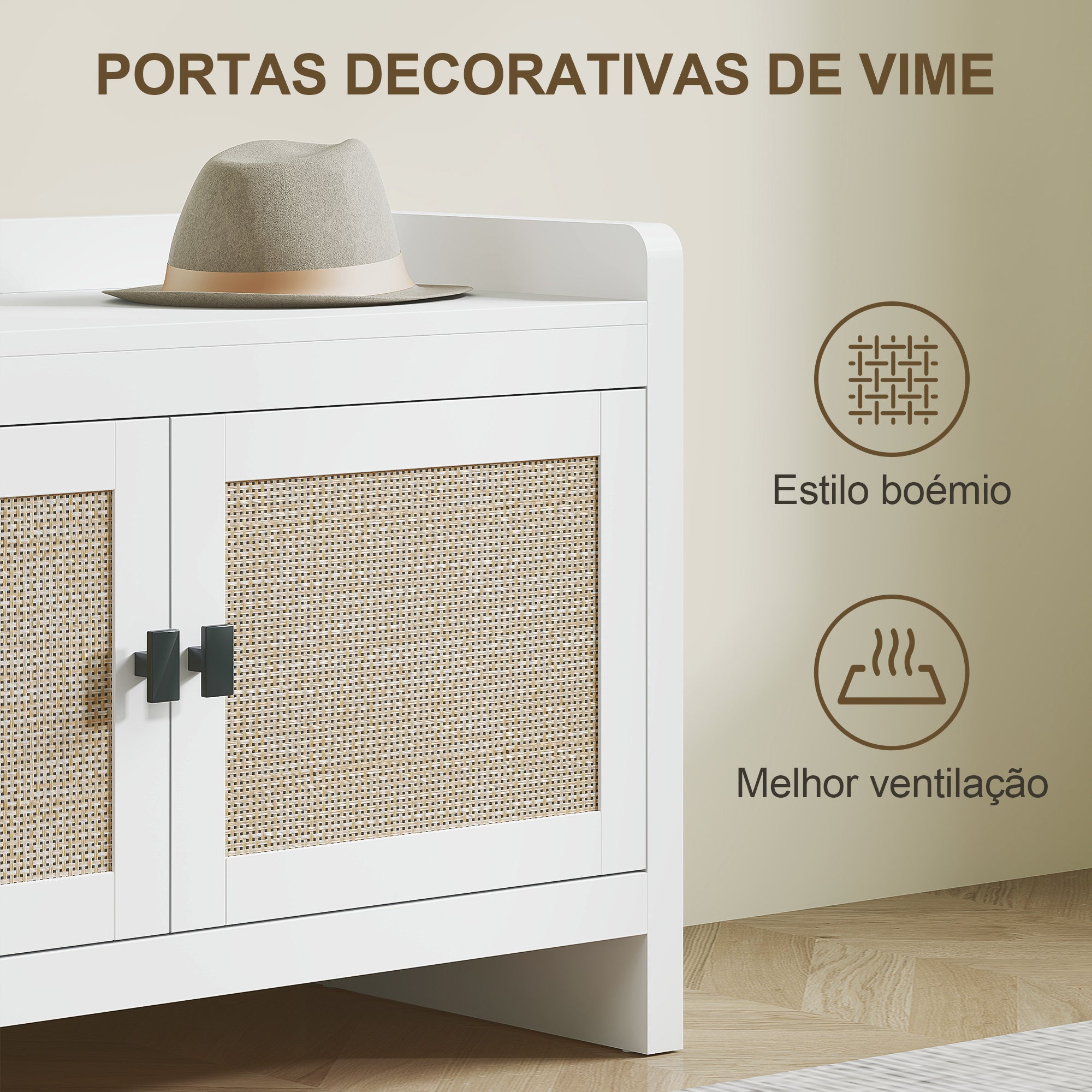 Banco Sapateira com Portas de Vime Branco 80x35x52 cm