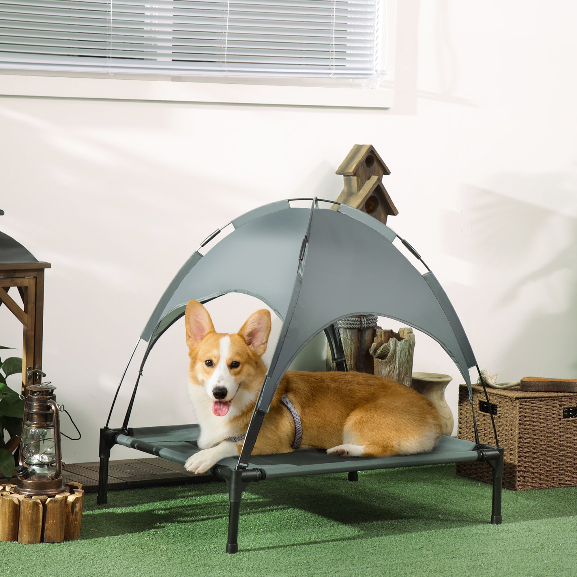 Cama Portátil Elevada para Animais de Estimação - 76x61x76 cm - Preto e Cinza