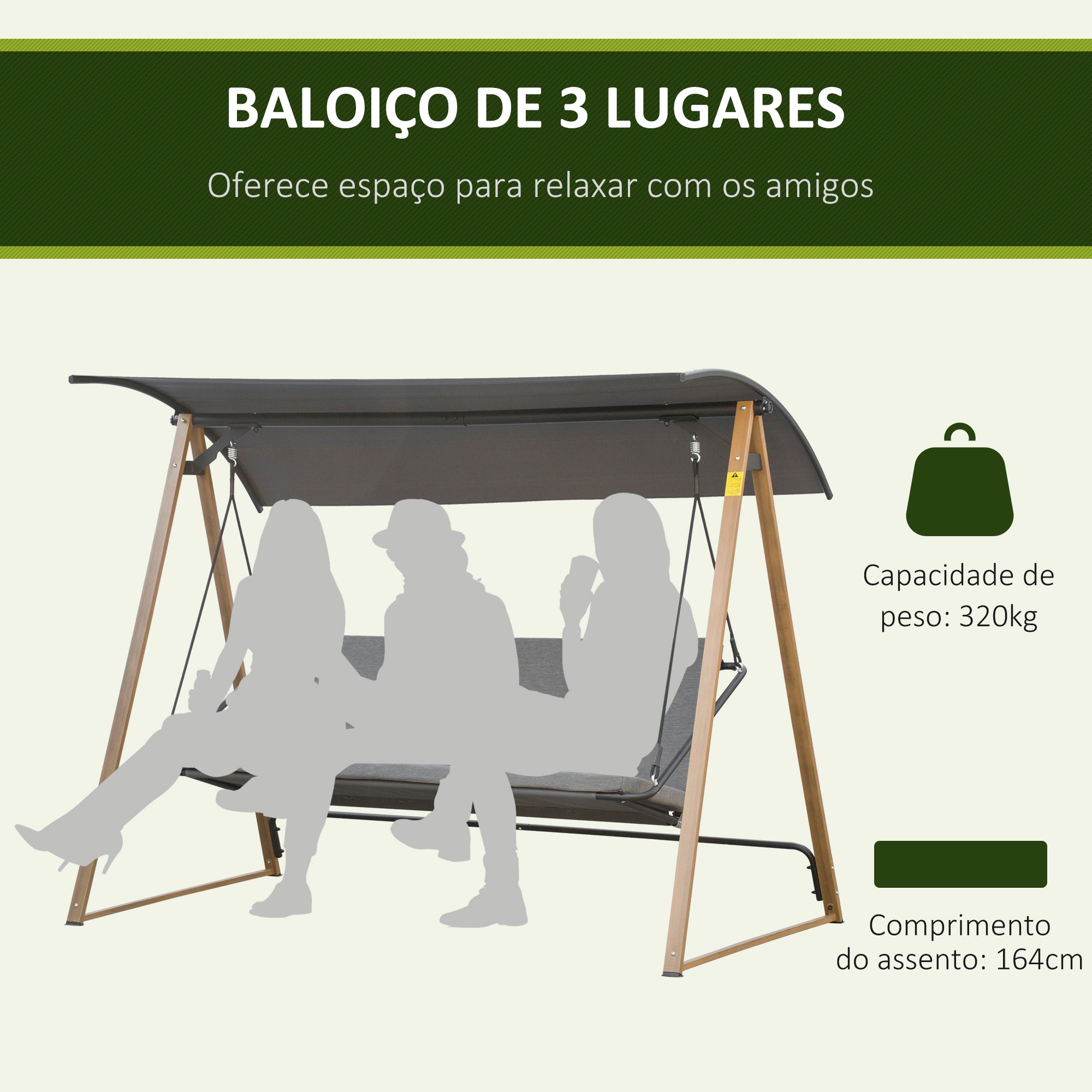 Baloiço de Jardim 3 Lugares 224x133x173 cm Cinza e Madeira