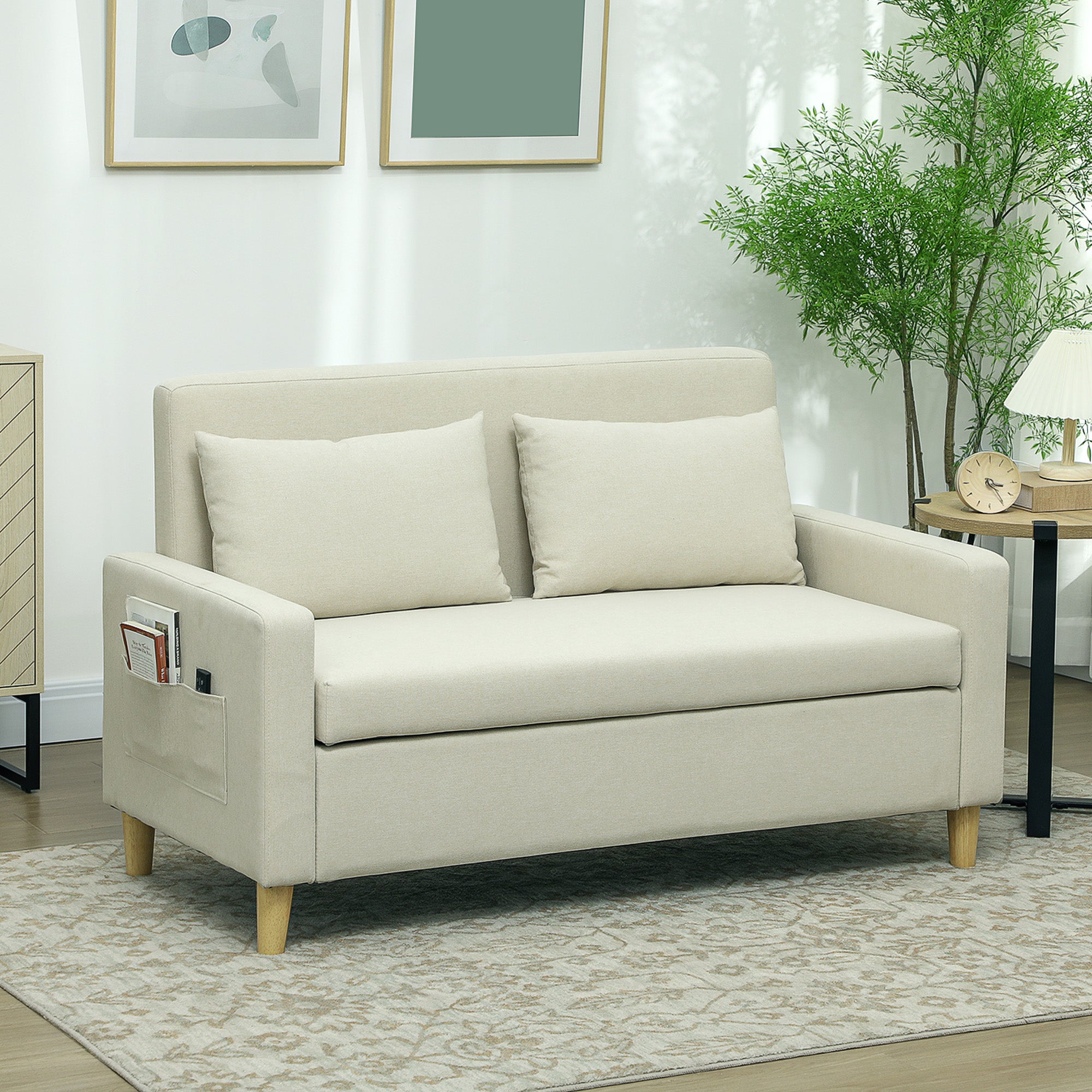 Sofá 2 Lugares Bege 135x72x84 cm em Linho Sintético