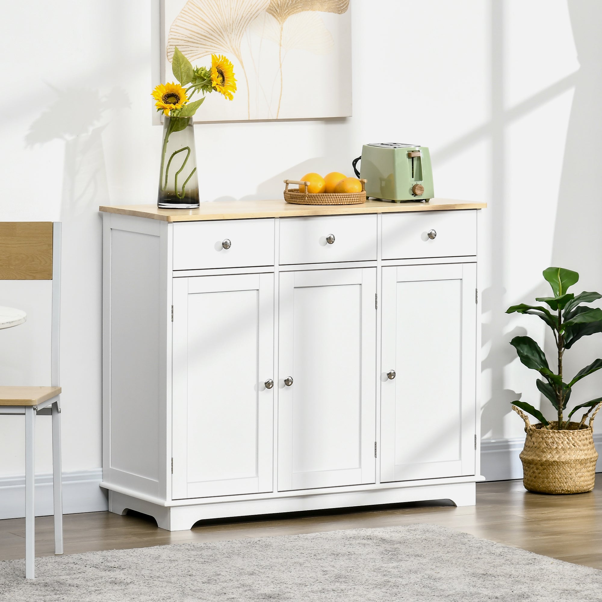 Aparador de Cozinha Branco 101x40x85cm com 3 Gavetas e 3 Portas