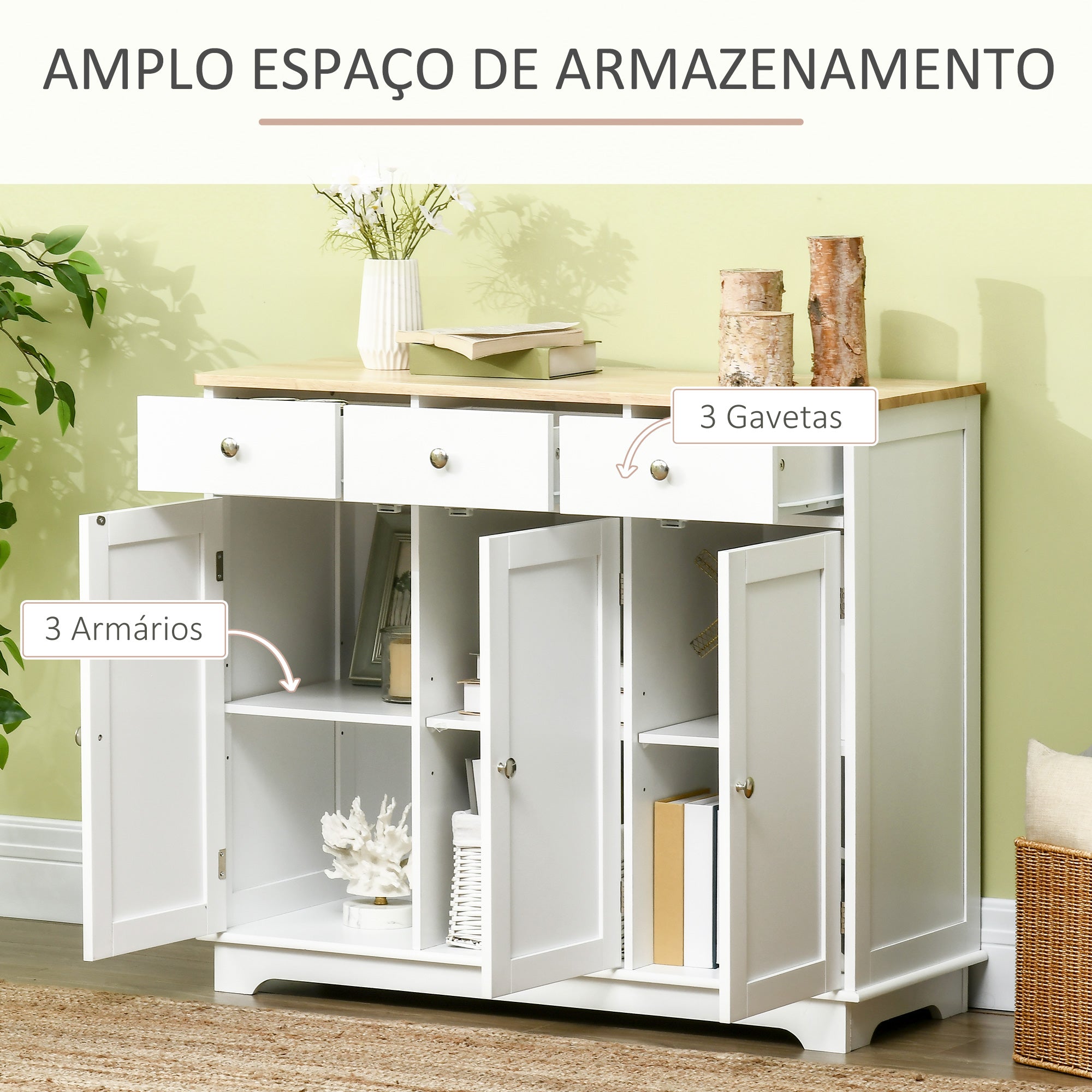 Aparador de Cozinha Branco 101x40x85cm com 3 Gavetas e 3 Portas