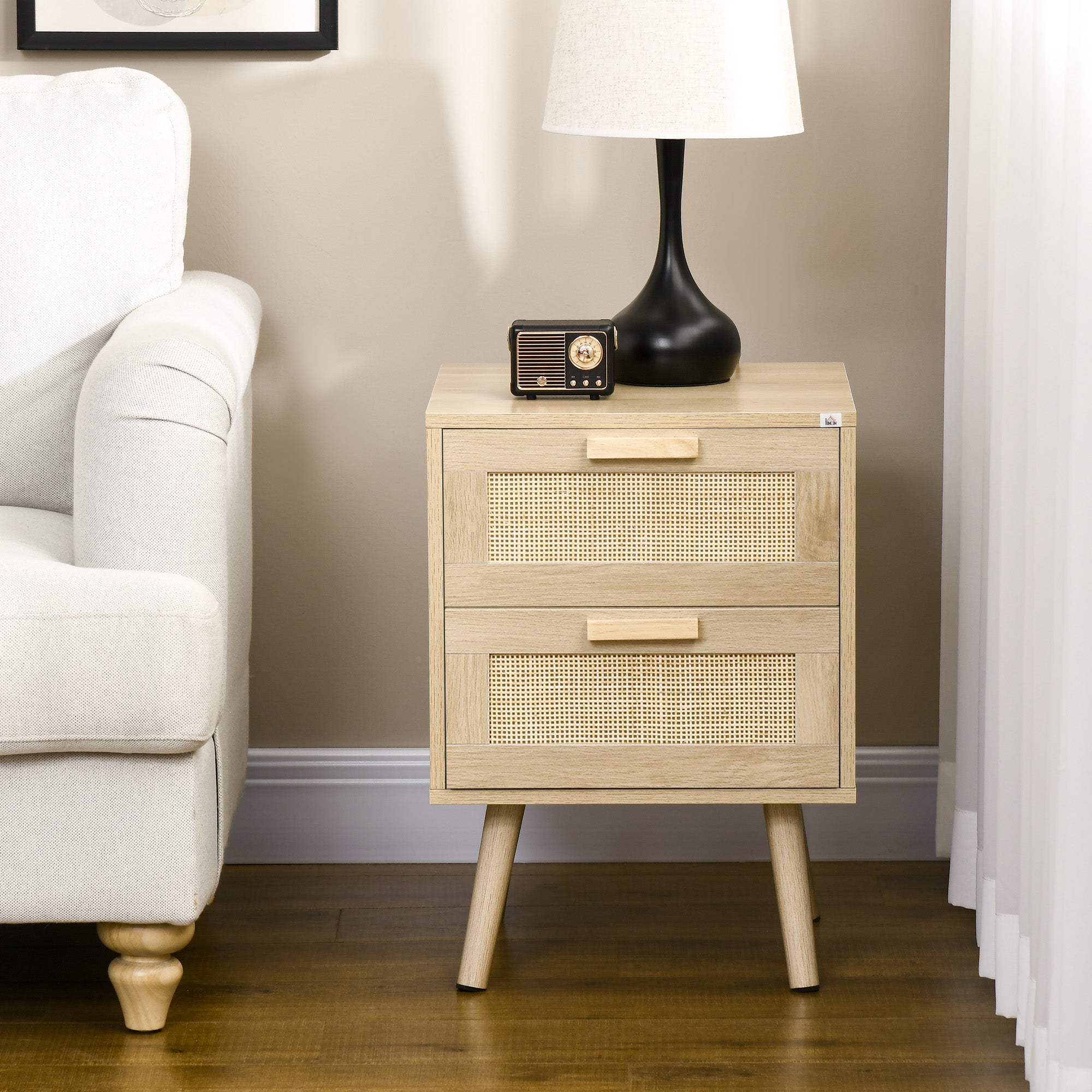 Mesa de Cabeceira Boémia com 2 Gavetas 40x40x56 cm - Cor de Madeira Natural