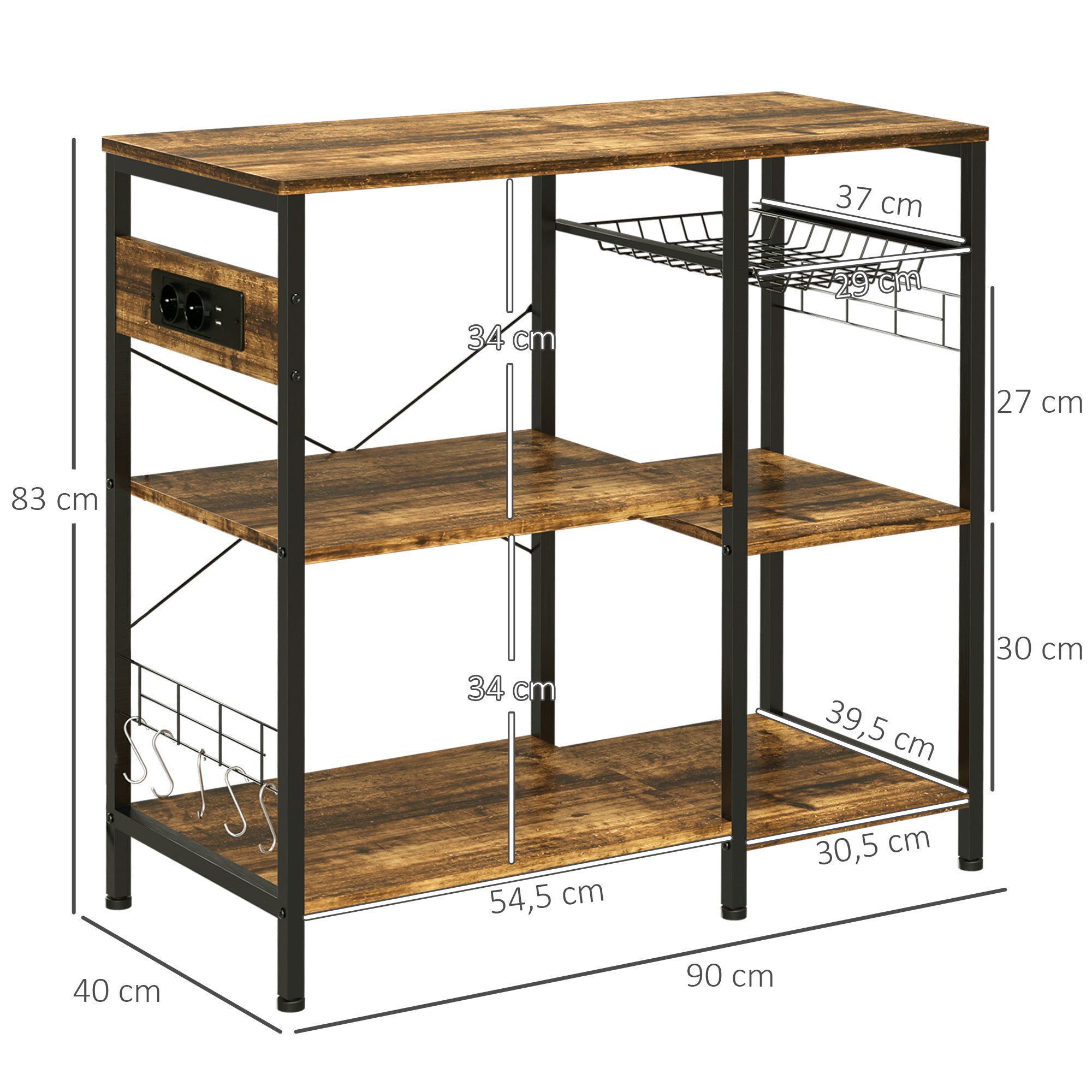 Estante de Cozinha – 90x40x83 cm – Castanho Rústico – Melamina de madeira e aço