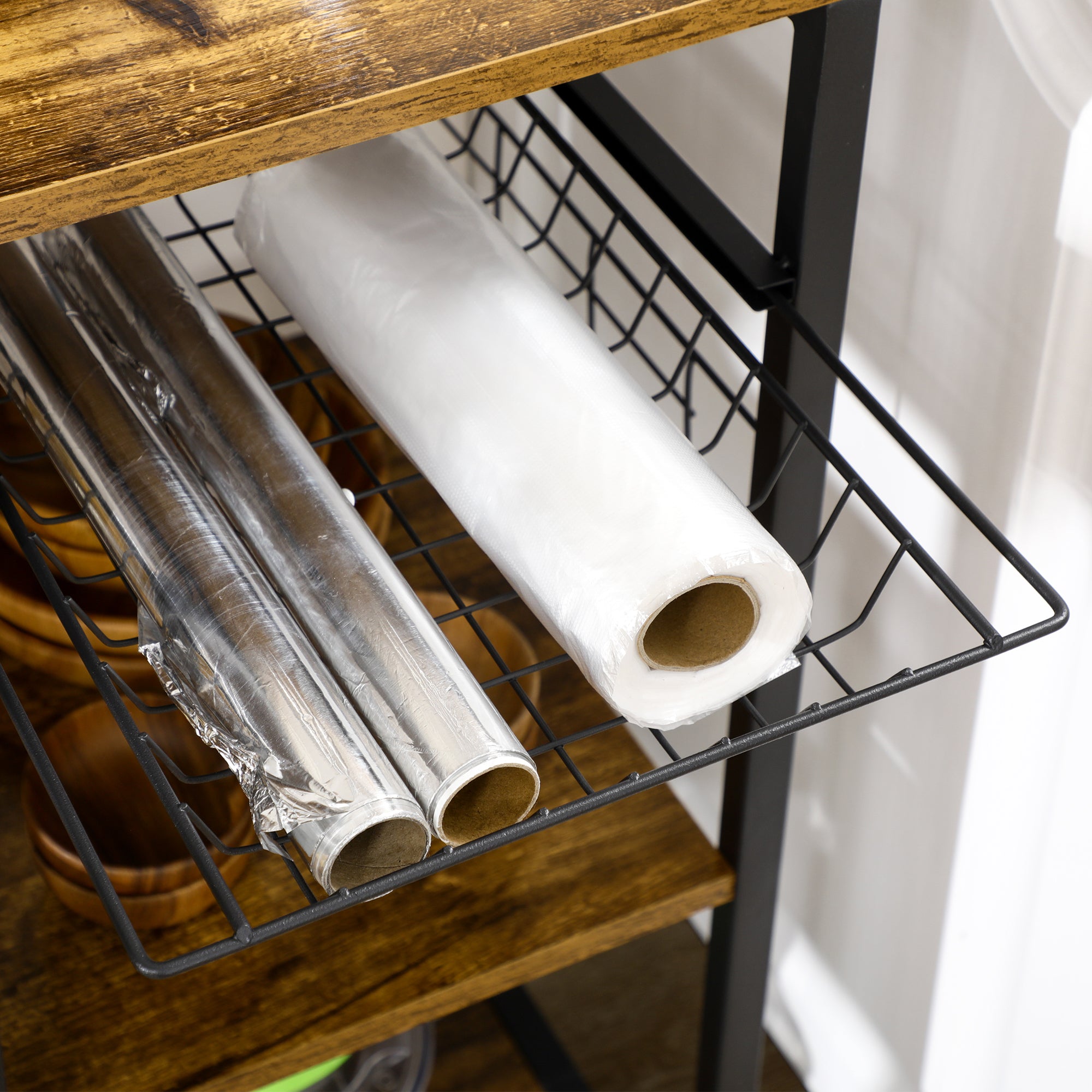 Estante de Cozinha – 90x40x83 cm – Castanho Rústico – Melamina de madeira e aço