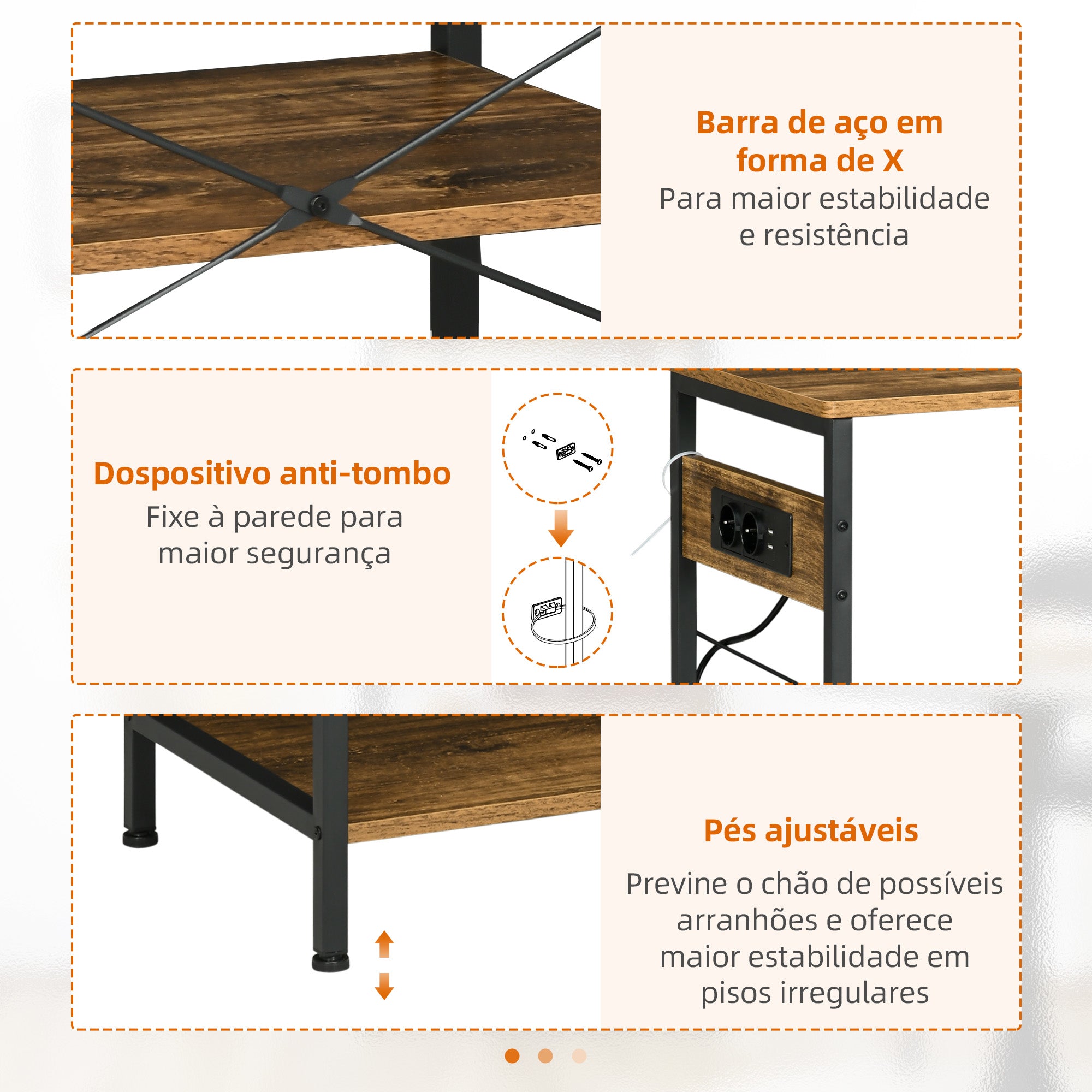 Estante de Cozinha – 90x40x83 cm – Castanho Rústico – Melamina de madeira e aço