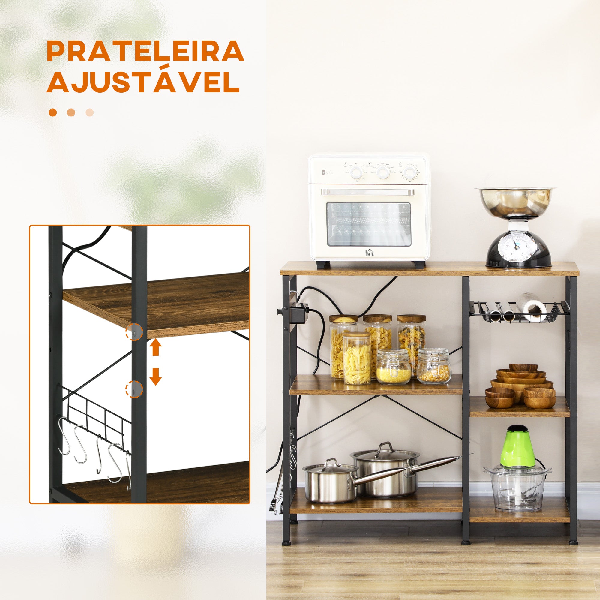 Estante de Cozinha – 90x40x83 cm – Castanho Rústico – Melamina de madeira e aço