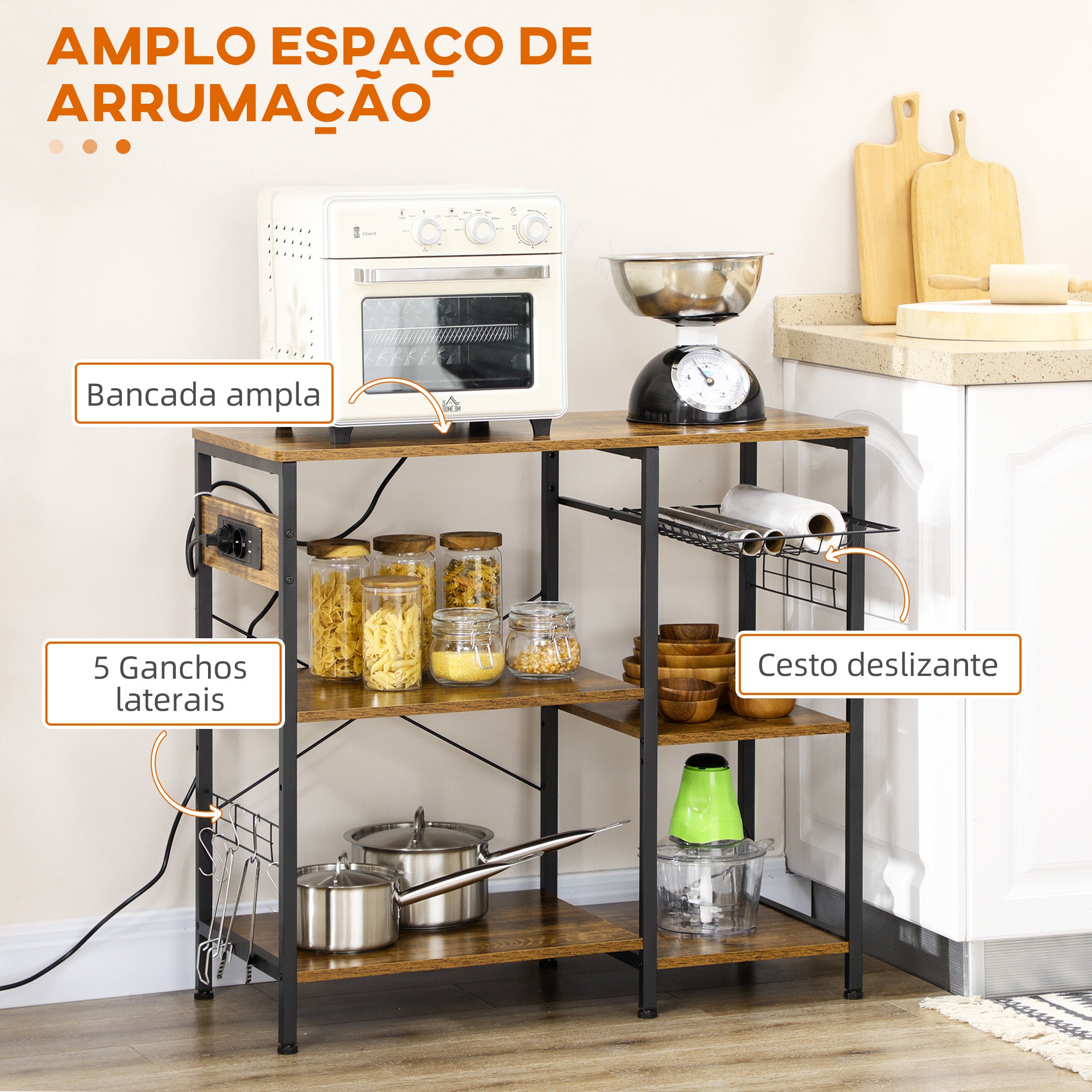 Estante de Cozinha – 90x40x83 cm – Castanho Rústico – Melamina de madeira e aço
