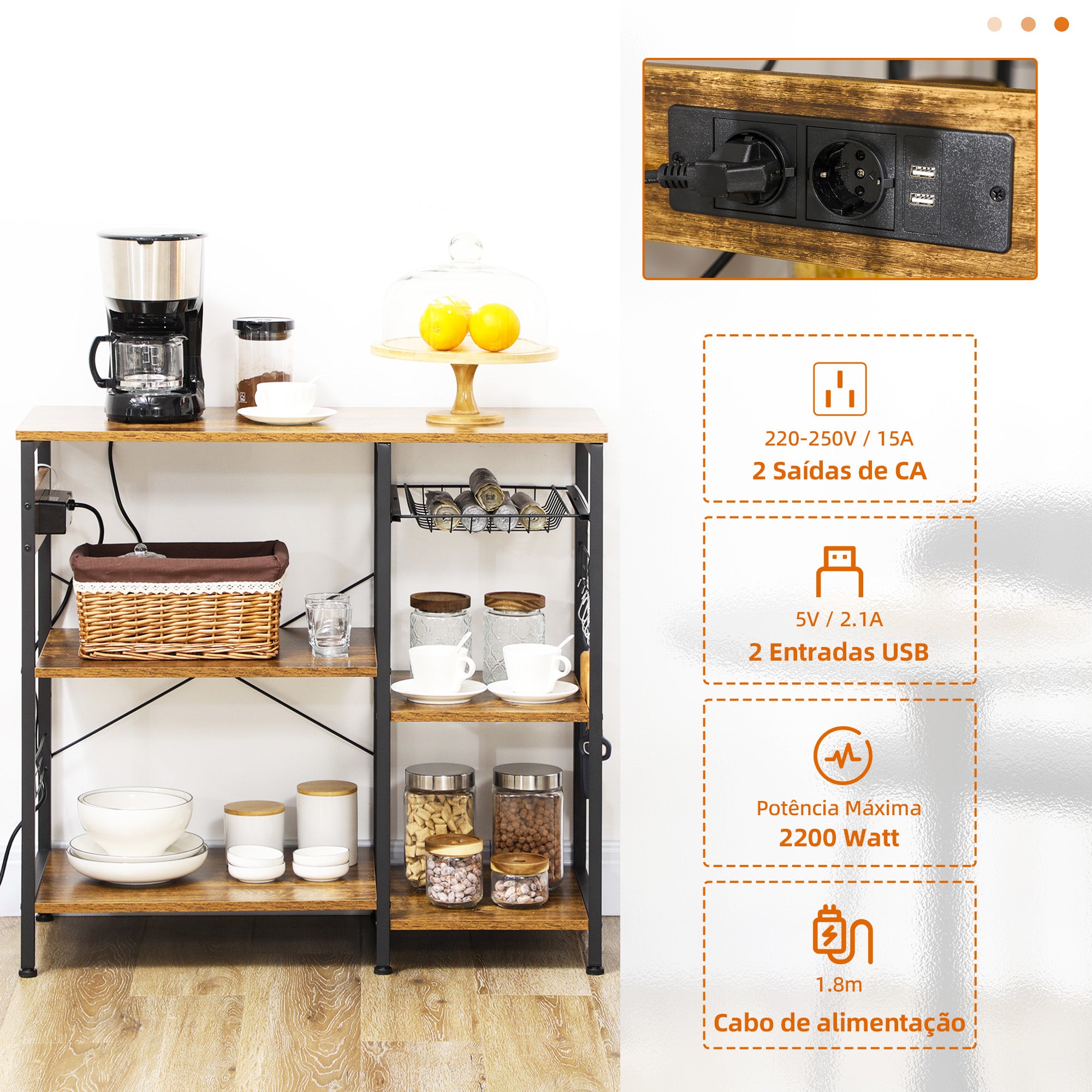 Estante de Cozinha – 90x40x83 cm – Castanho Rústico – Melamina de madeira e aço