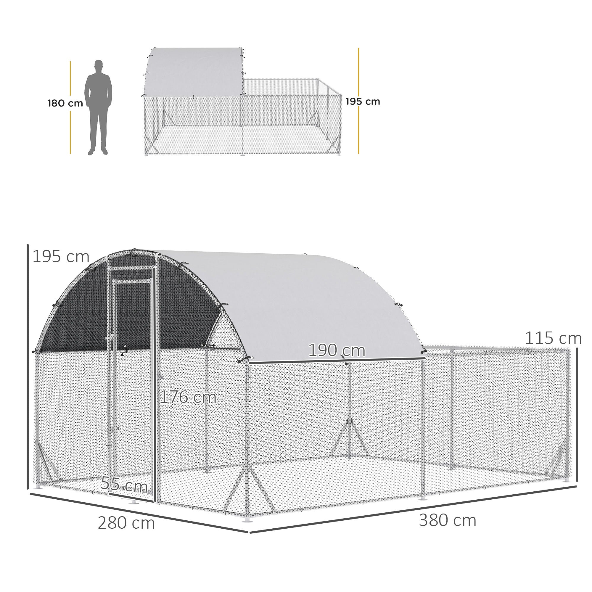 Galinheiro Exterior Grande – 380x280x195cm – Prata – Aço Galvanizado