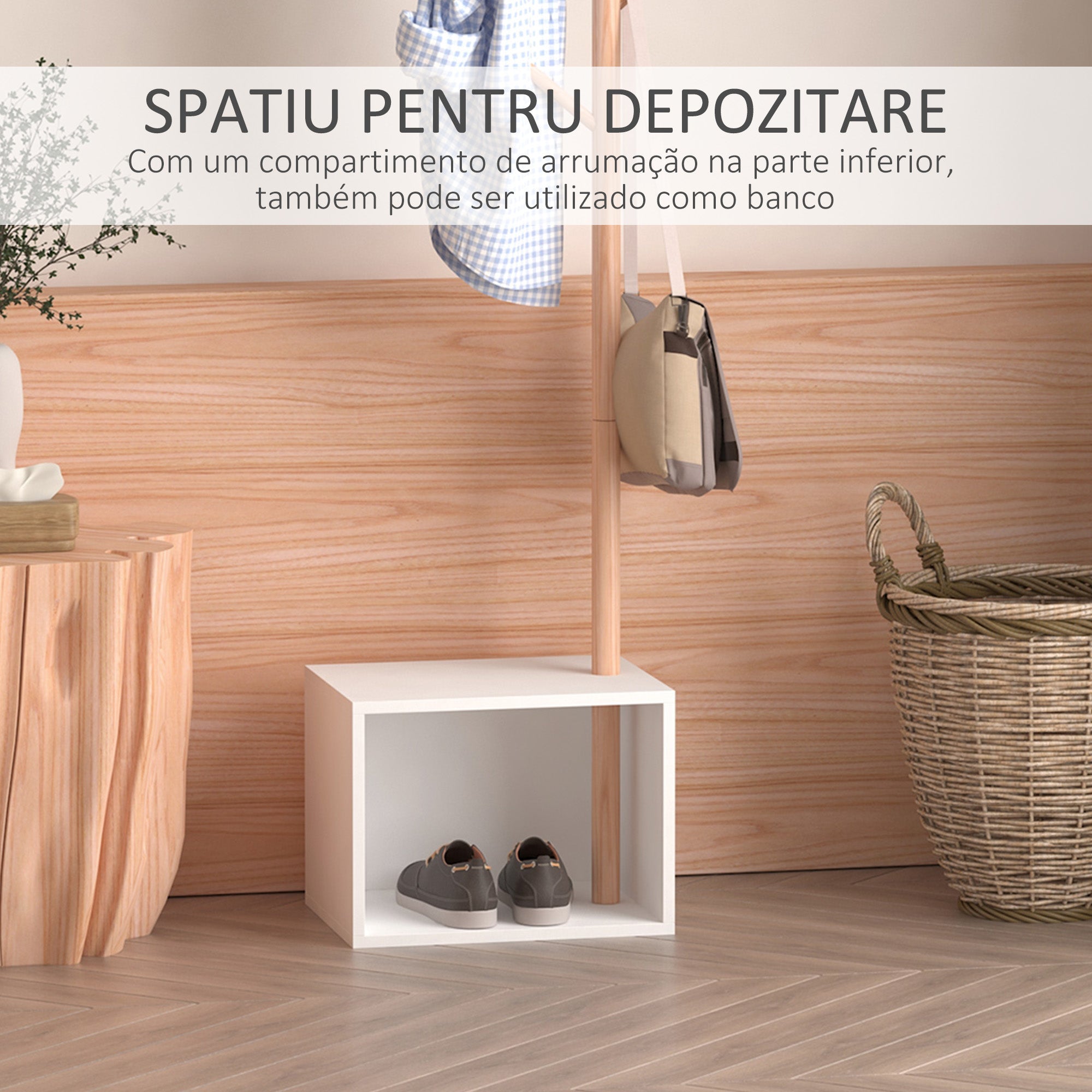 Cabide de Pé com Sapateira Moderno 6 Ganchos Bambu Branco e Madeira 40x30x180cm