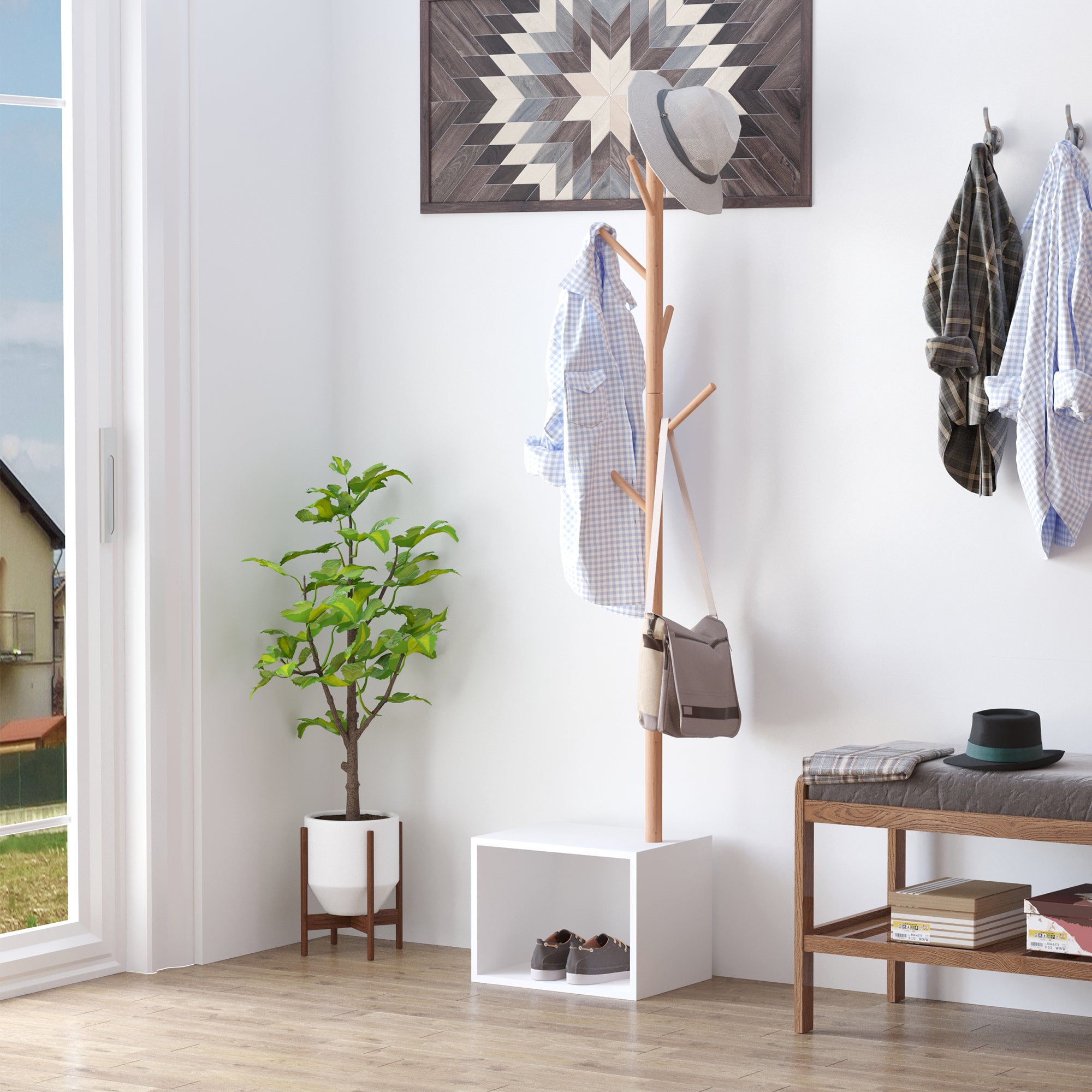 Cabide de Pé com Sapateira Moderno 6 Ganchos Bambu Branco e Madeira 40x30x180cm