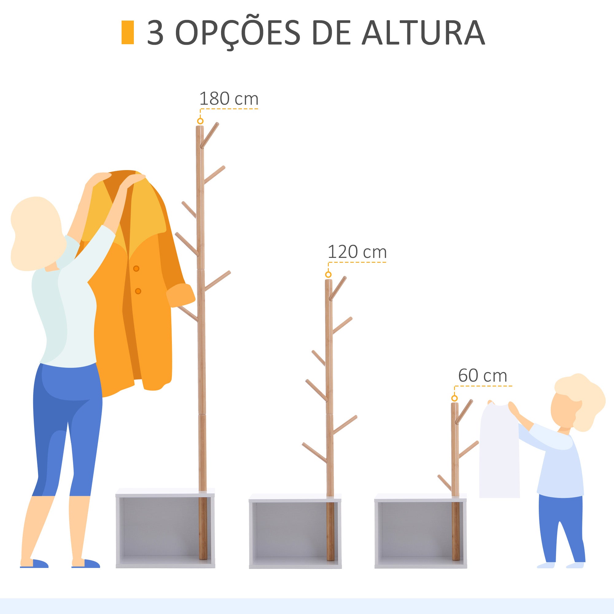 Cabide de Pé com Sapateira Moderno 6 Ganchos Bambu Branco e Madeira 40x30x180cm