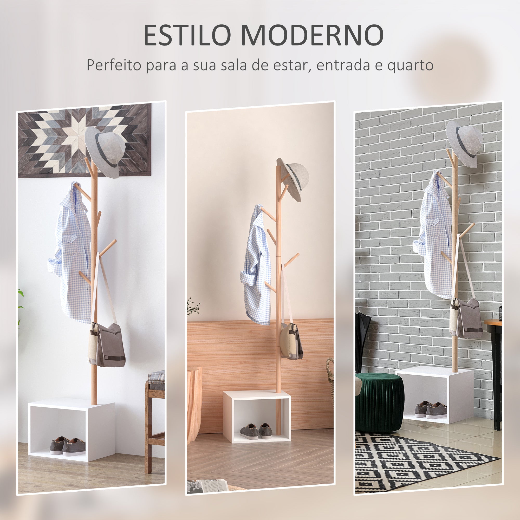 Cabide de Pé com Sapateira Moderno 6 Ganchos Bambu Branco e Madeira 40x30x180cm