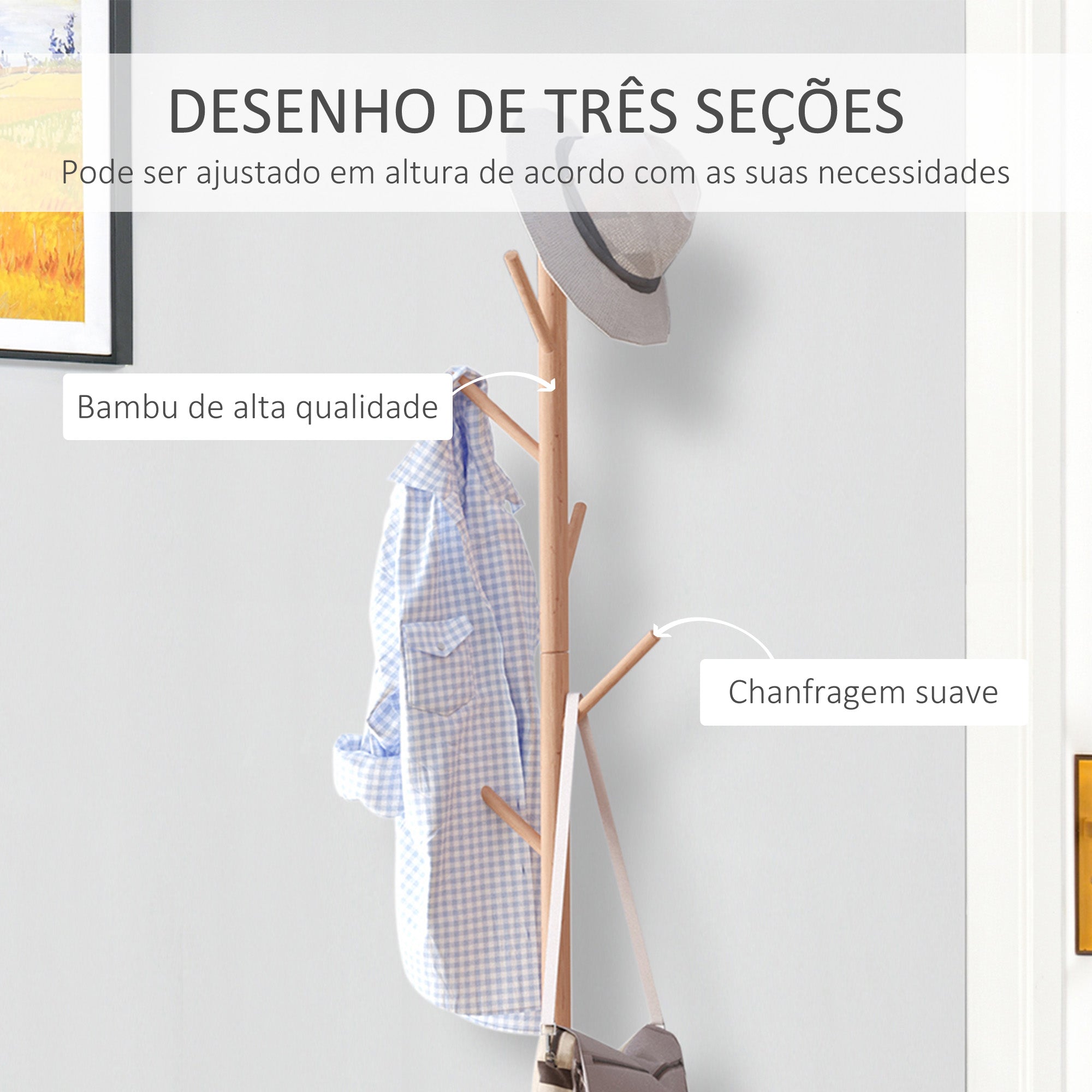 Cabide de Pé com Sapateira Moderno 6 Ganchos Bambu Branco e Madeira 40x30x180cm