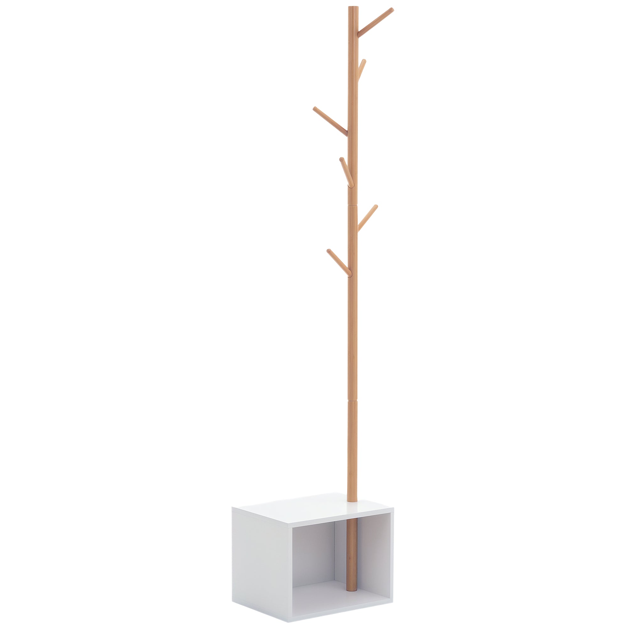Cabide de Pé com Sapateira Moderno 6 Ganchos Bambu Branco e Madeira 40x30x180cm