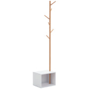 Cabide de Pé com Sapateira Moderno 6 Ganchos Bambu Branco e Madeira 40x30x180cm