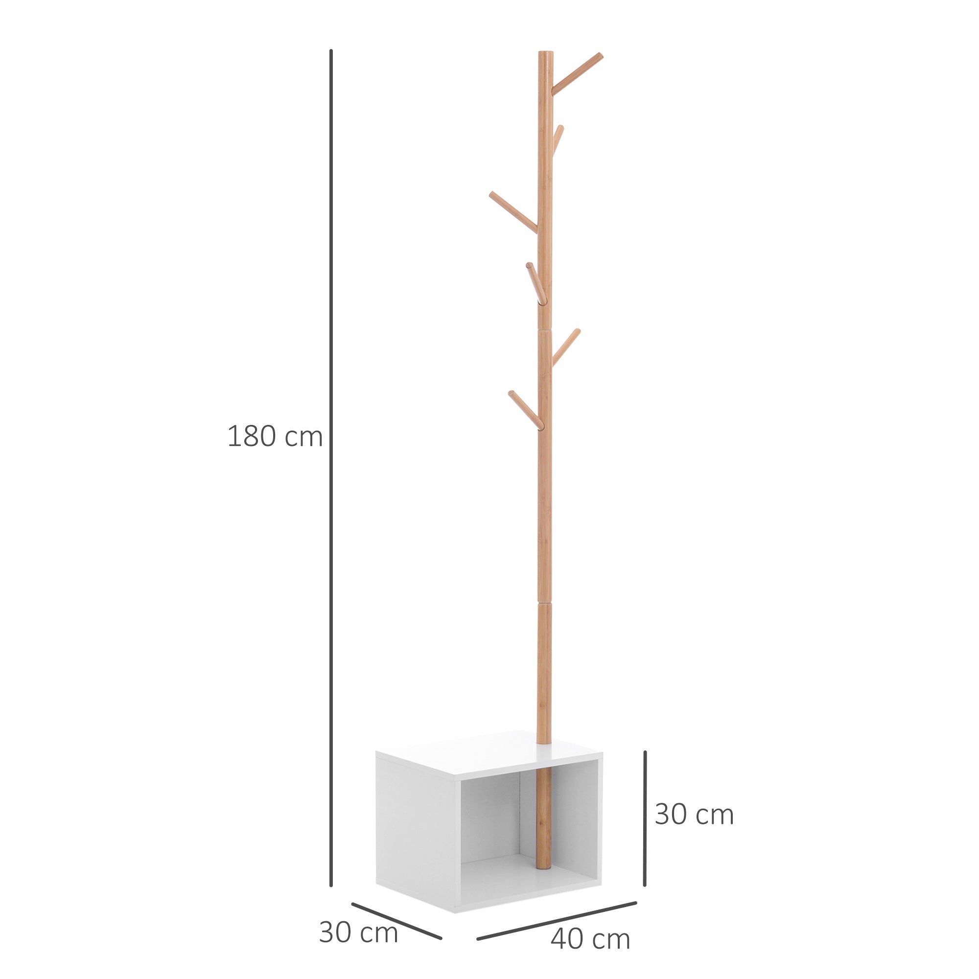 Cabide de Pé com Sapateira Moderno 6 Ganchos Bambu Branco e Madeira 40x30x180cm