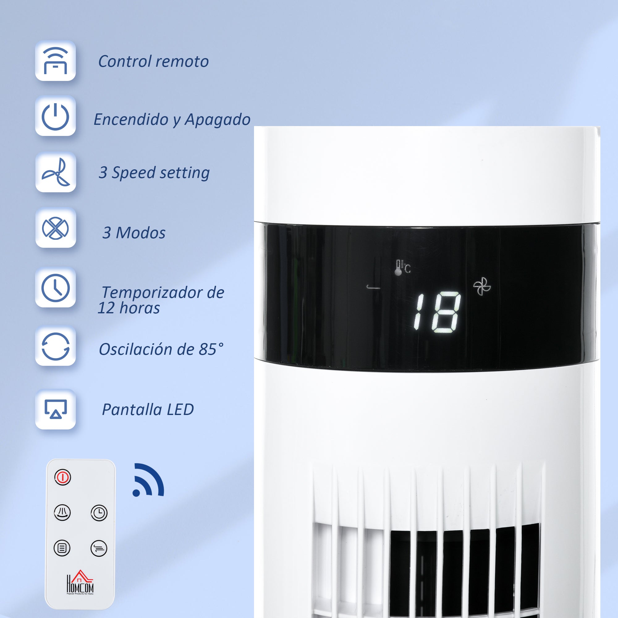 Ventilador de Torre Branco Ø30x110 cm com 3 Modos e 3 Velocidades