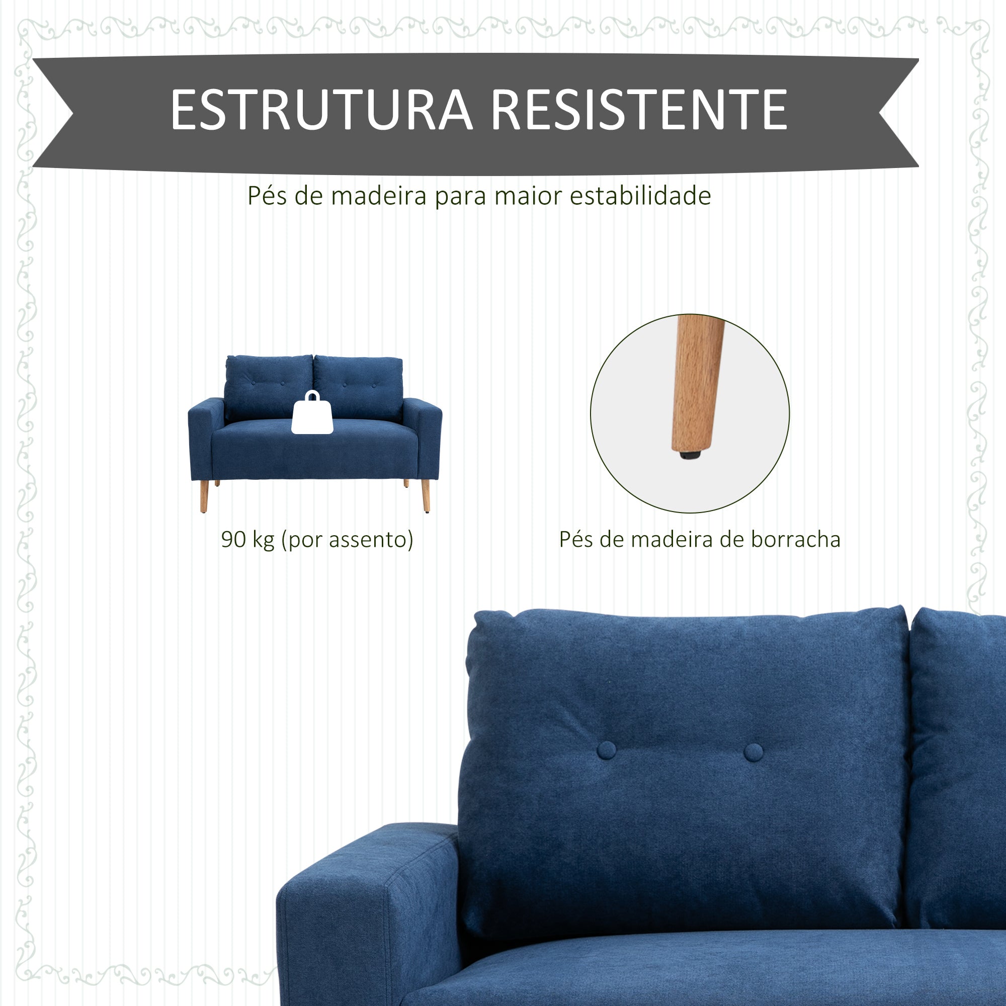 Sofá de 2 Lugares Estofado em Poliéster Azul 145x76x88 cm