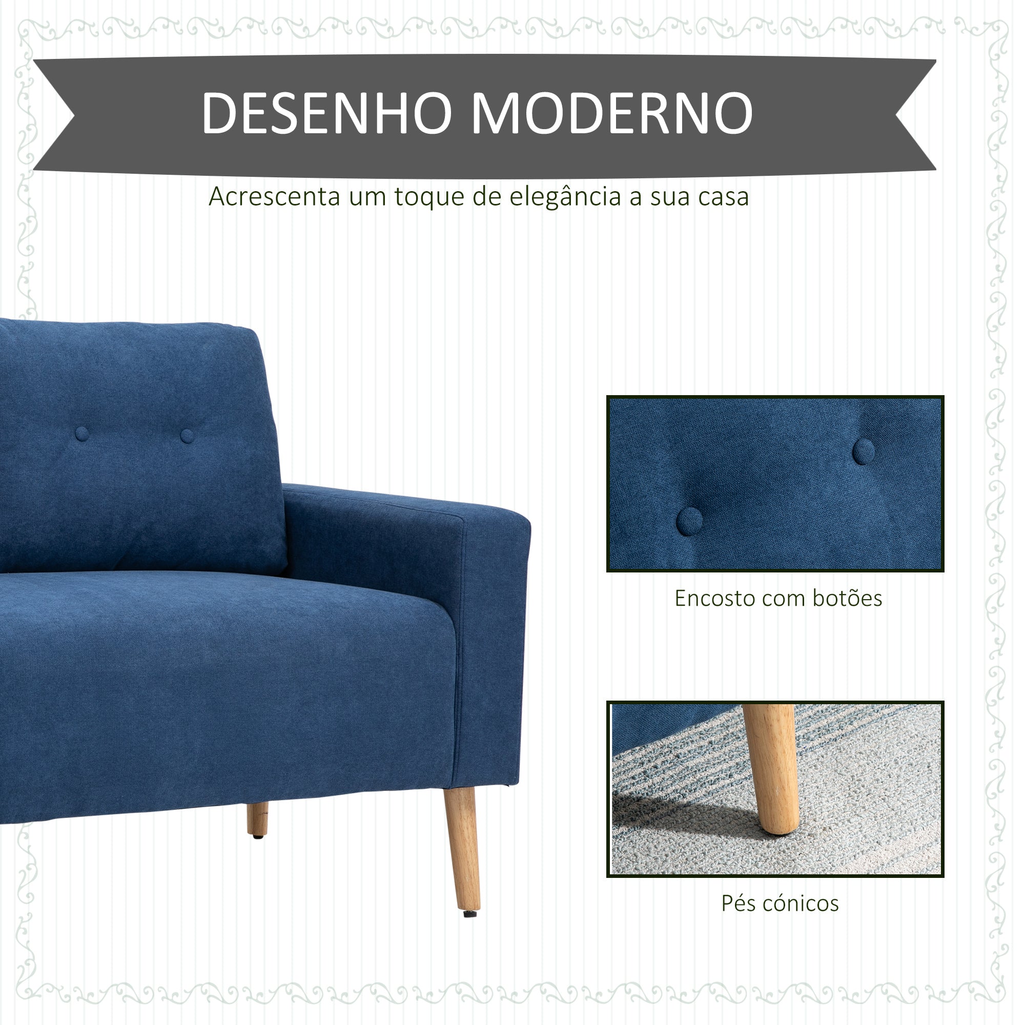Sofá de 2 Lugares Estofado em Poliéster Azul 145x76x88 cm