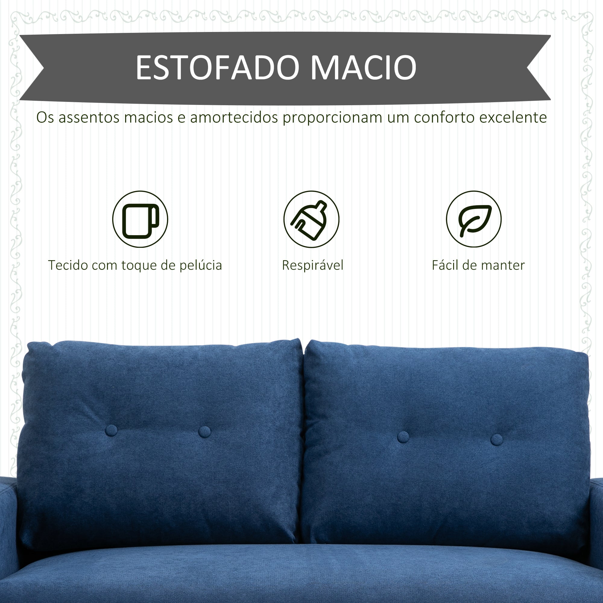 Sofá de 2 Lugares Estofado em Poliéster Azul 145x76x88 cm